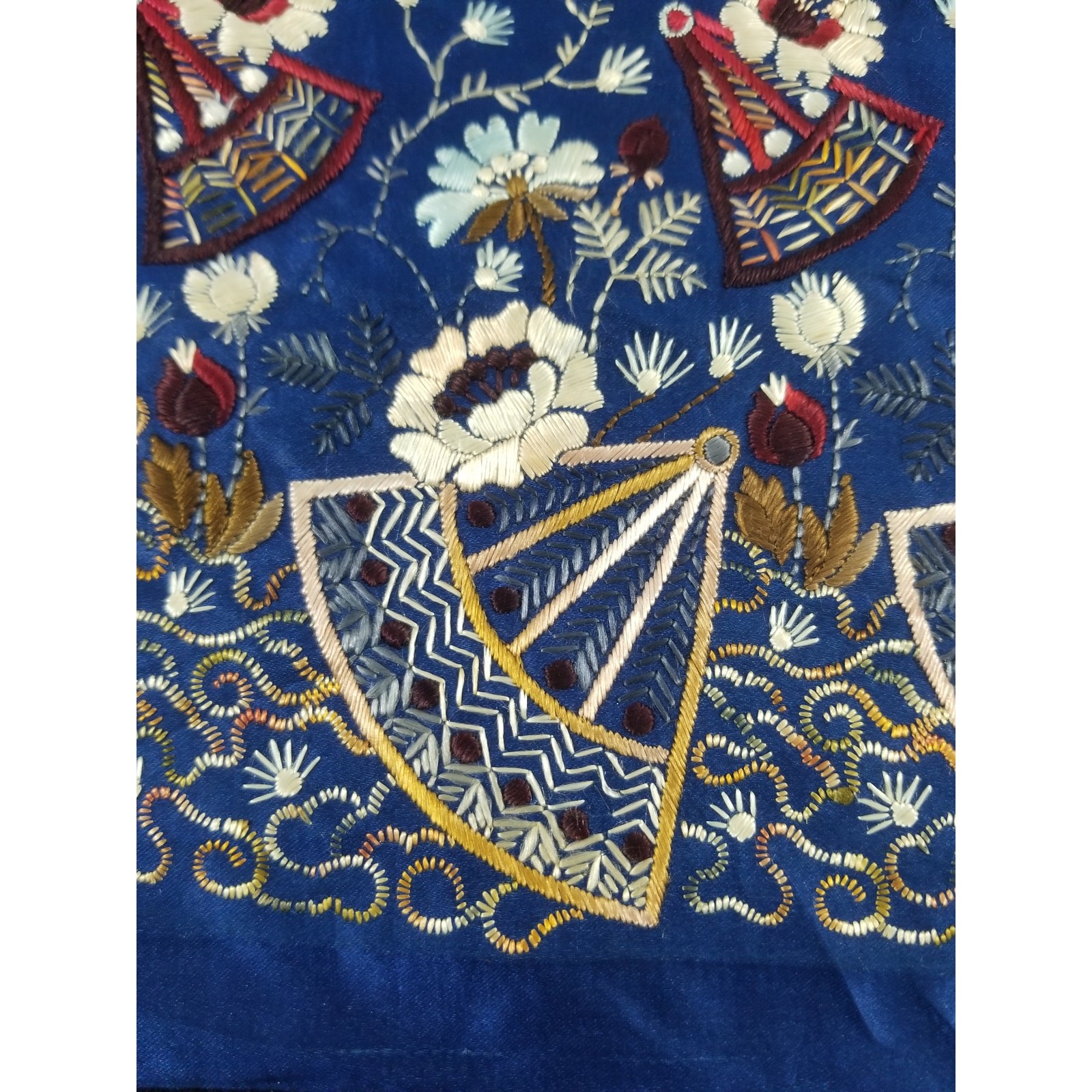 Vintage Chinese Hand Embroidered Floral & Botanical Silk Panel 86x18in