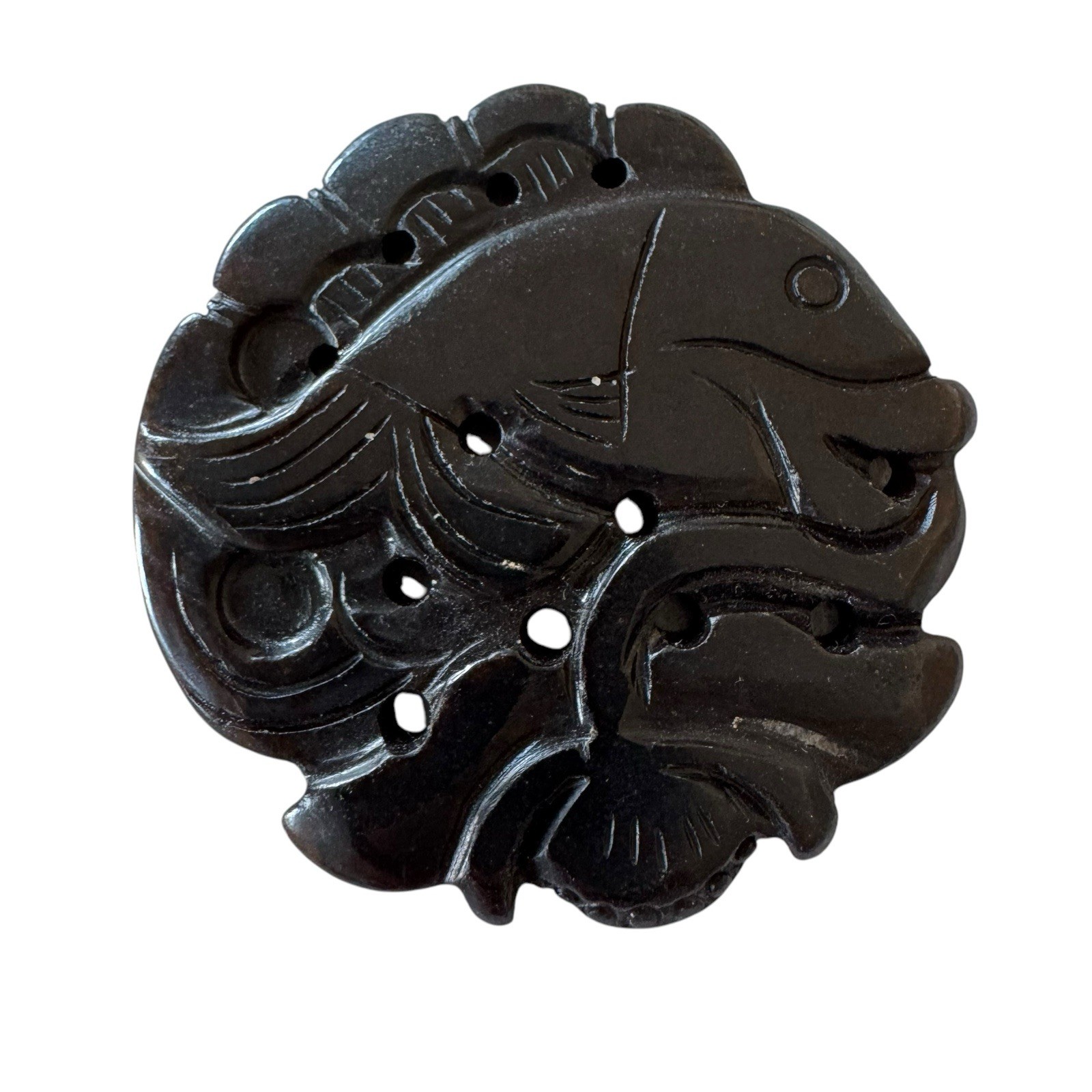 Vintage Chinese Carved Black Onyx Pi Donut Pendant Fish Motif