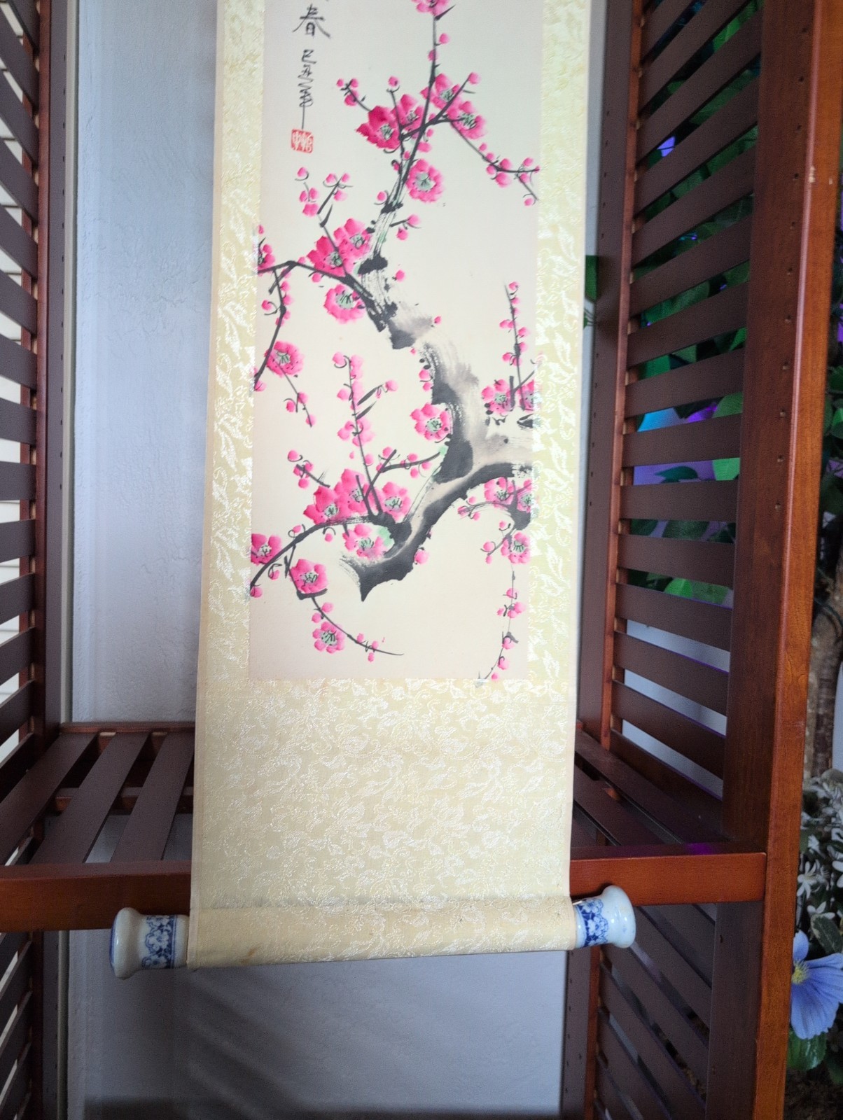 Vtg Original Chinese Plum Blossom Scroll Blue/ Wht Porcelain Knobs 96 cm x 24 cm