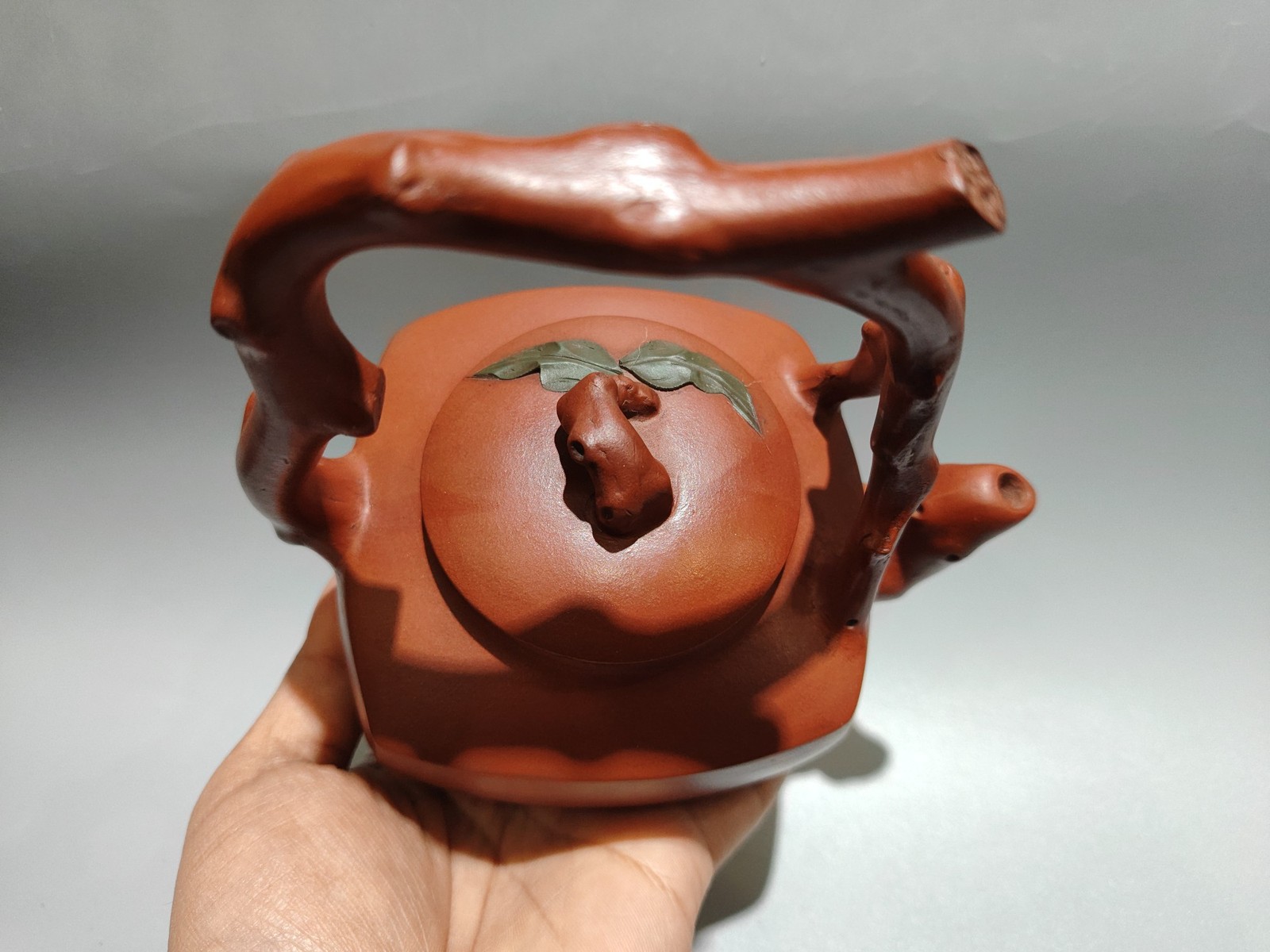 5.9″China Yixing Zisha Pottery red Clay 380CC square longevity peach beam Teapot