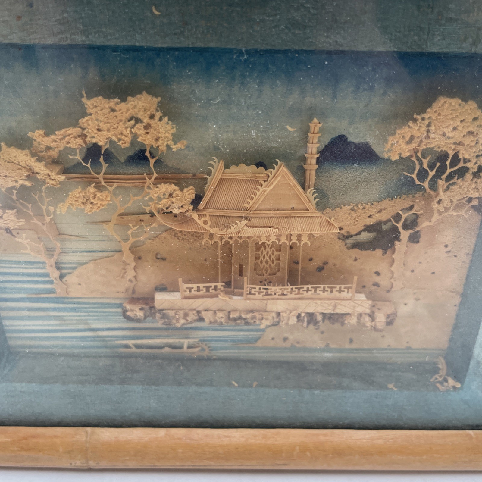 Vintage Chinese Cork Carving Landscape Diorama Shadow Box Bamboo Frame AS IS