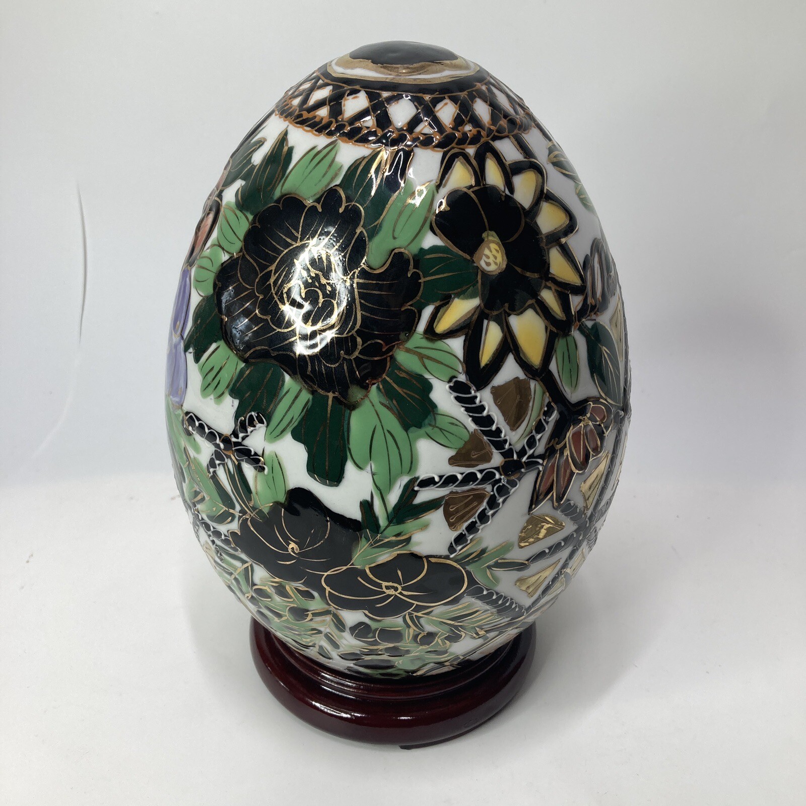 Chinese Porcelain Egg Black Gold Floral 9″ with Stand Decor multicolor Vintage