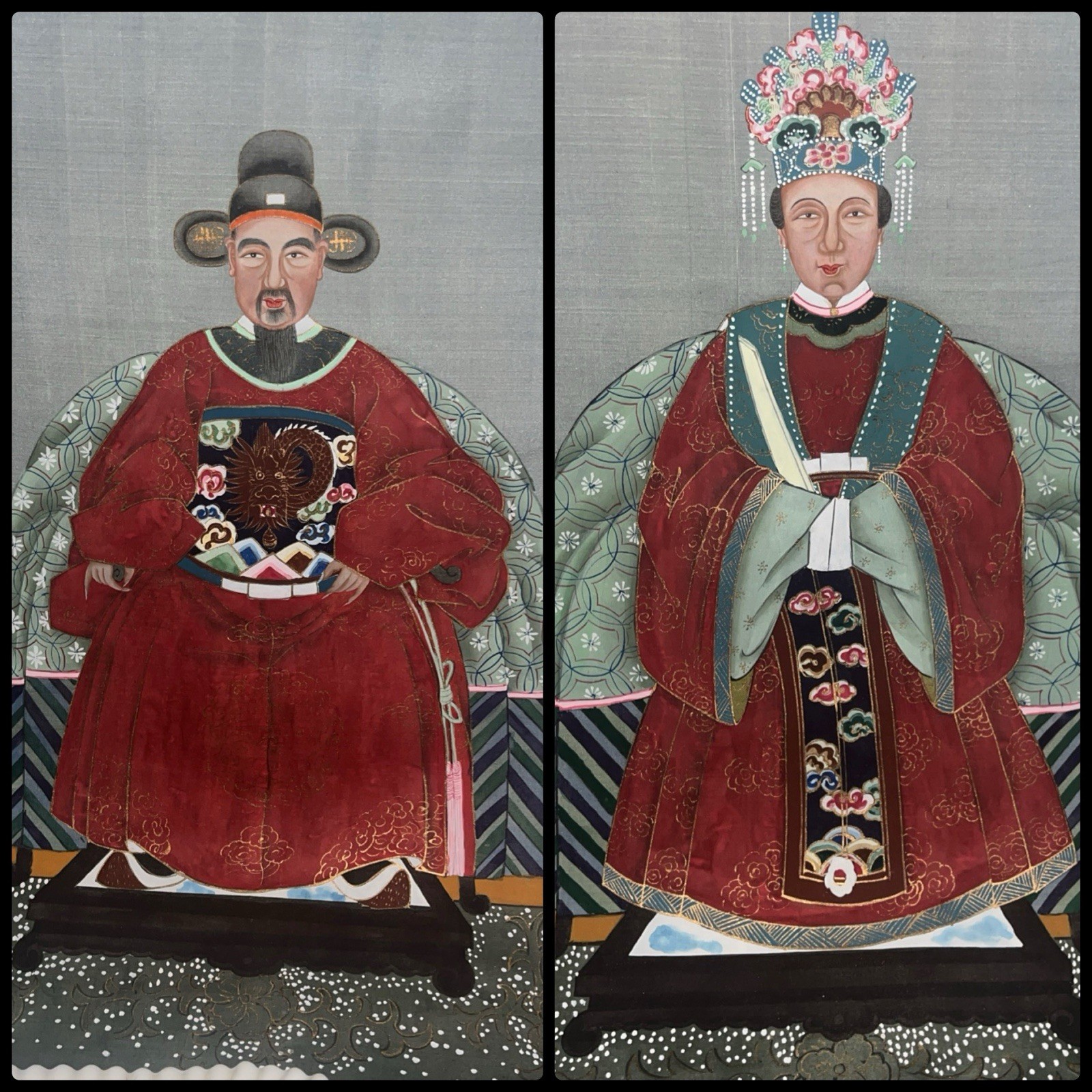 Elegant Mid-Century Chinese Ancestor Portrait Scrolls-Hand Painted Vintage Pair