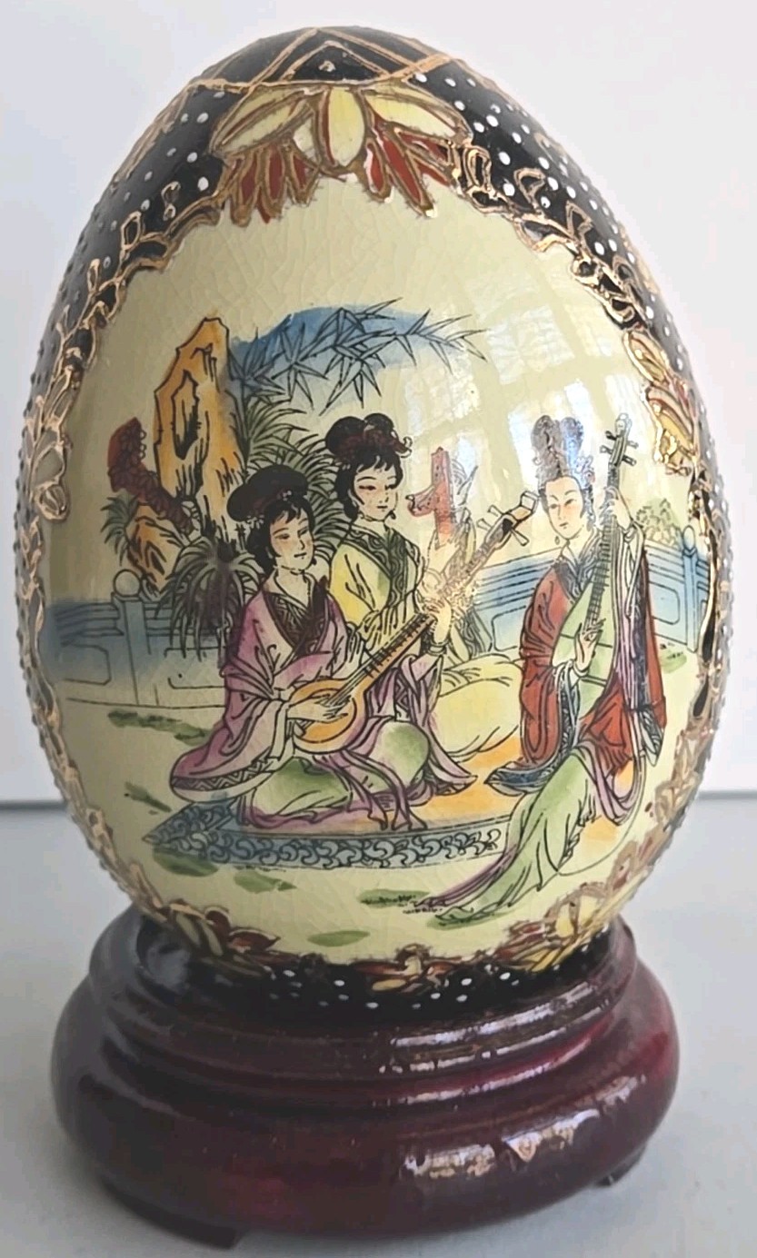 VTG Hand-Painted Oriental Porcelain Egg 4.5″ Mythological Design + Stand