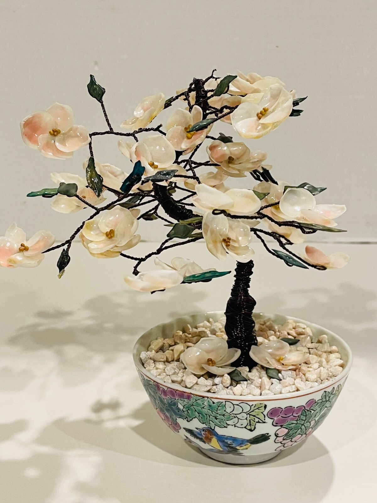 Chinese Pink Seashell & Green Glass 8″ Bonsai Tree in Cloisonné Pot