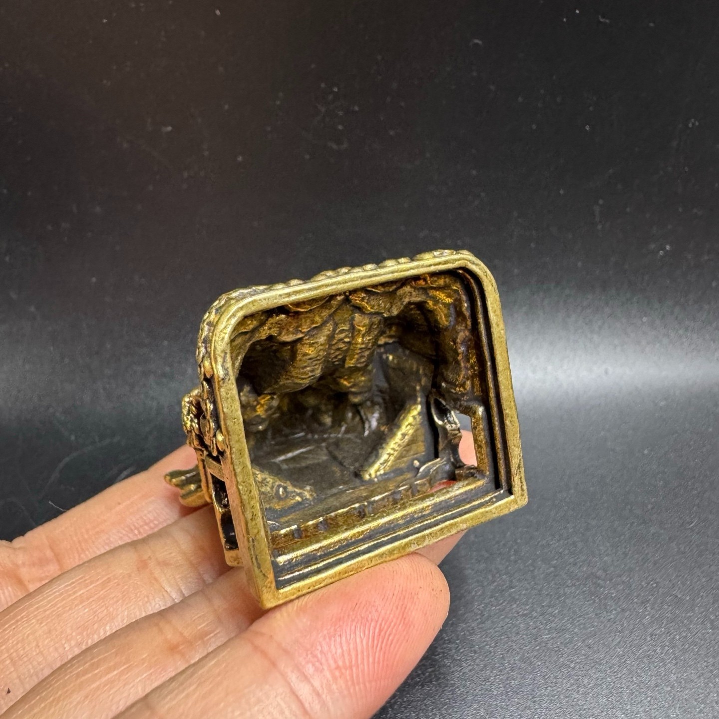 Vintage Brass God of Wealth Mini Statue Holding Gold Ingot Feng Shui Lucky Desk