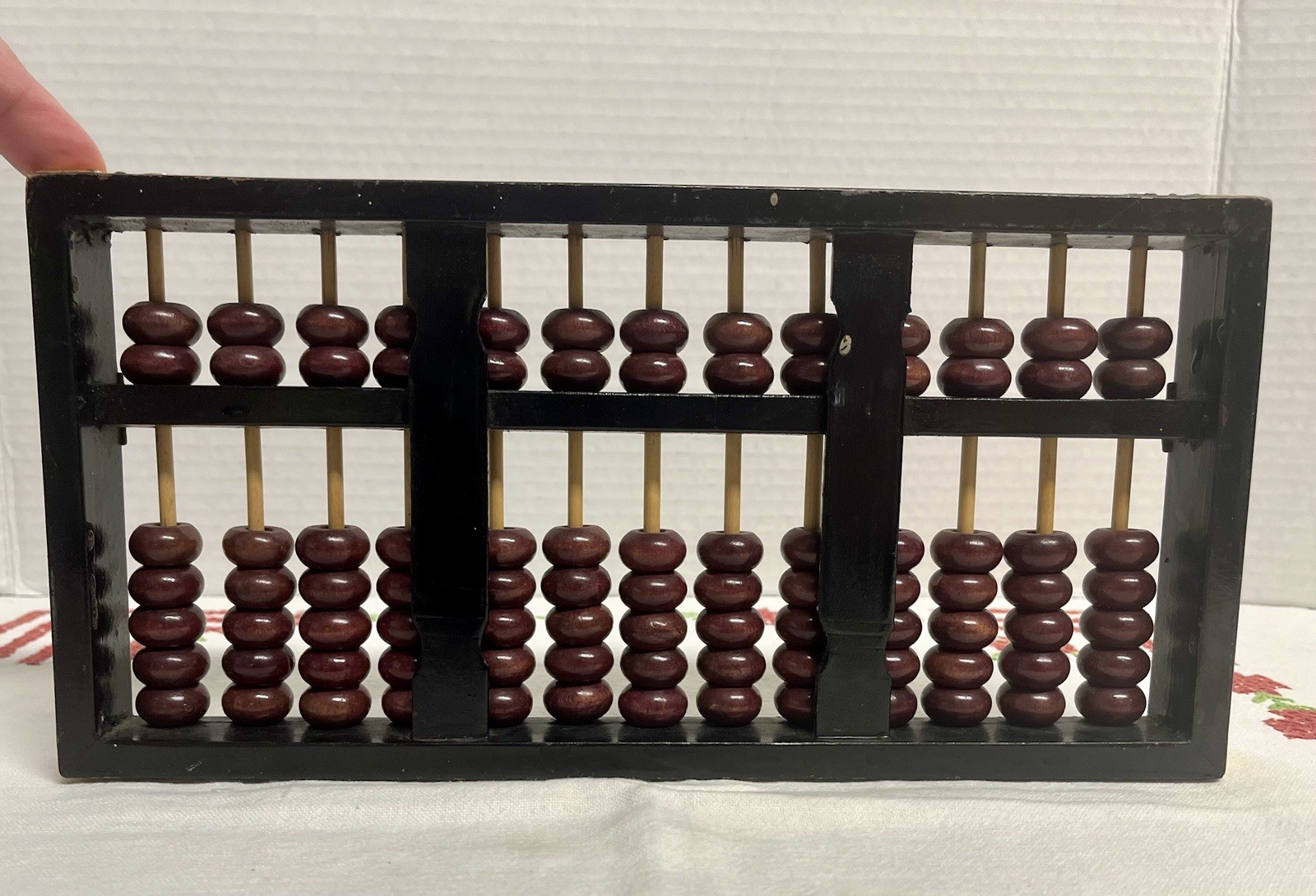 Vintage Chinese abacus black wooden frame brown beads brass reinforcements