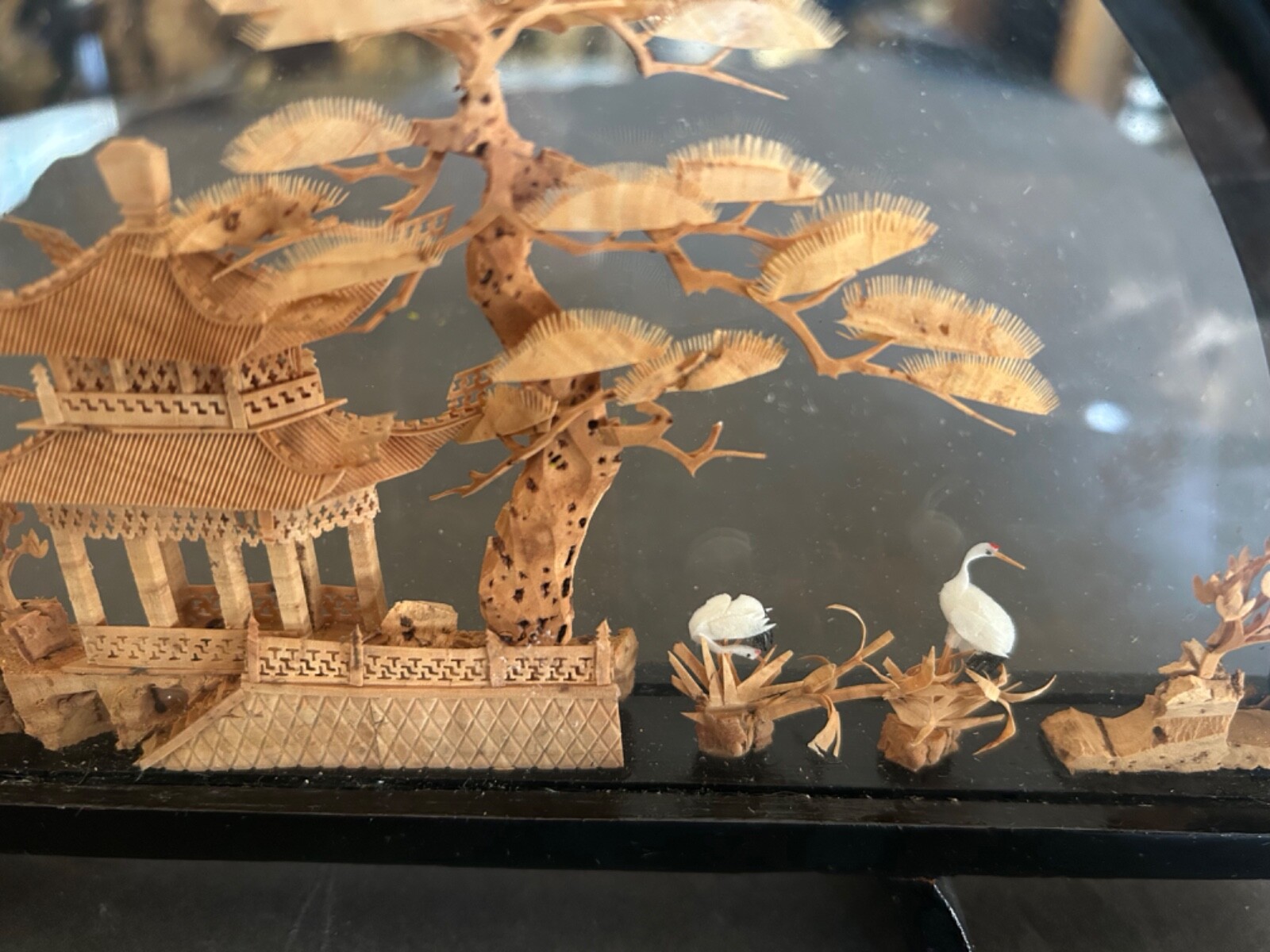 VINTAGE CHINESE SAN YOU DIORAMA CORK CARVING GLASS CASE PAGODA TREES & CRANES.