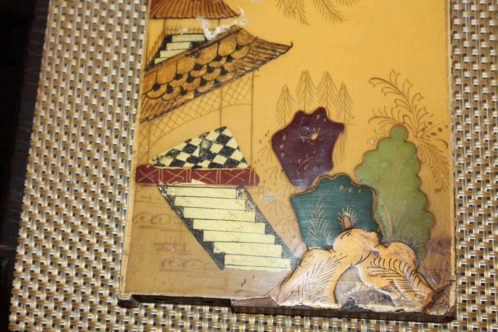 Pair Chinese Wood Painted Furniture Panels Village Trees
