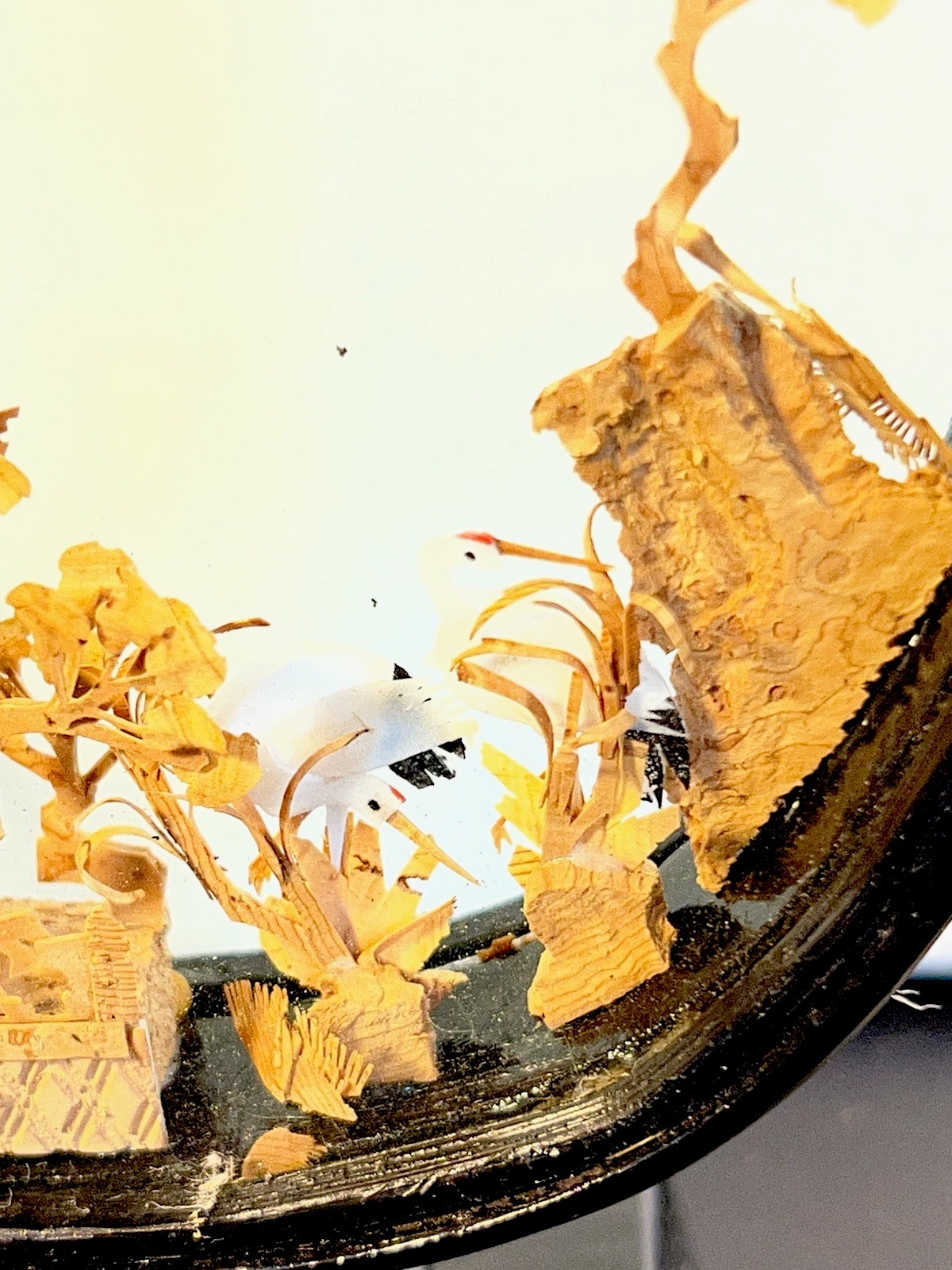 VTG Chinese Hand Carved Cork Diorama Shadow Box Asian Art Pagoda Cranes Trees