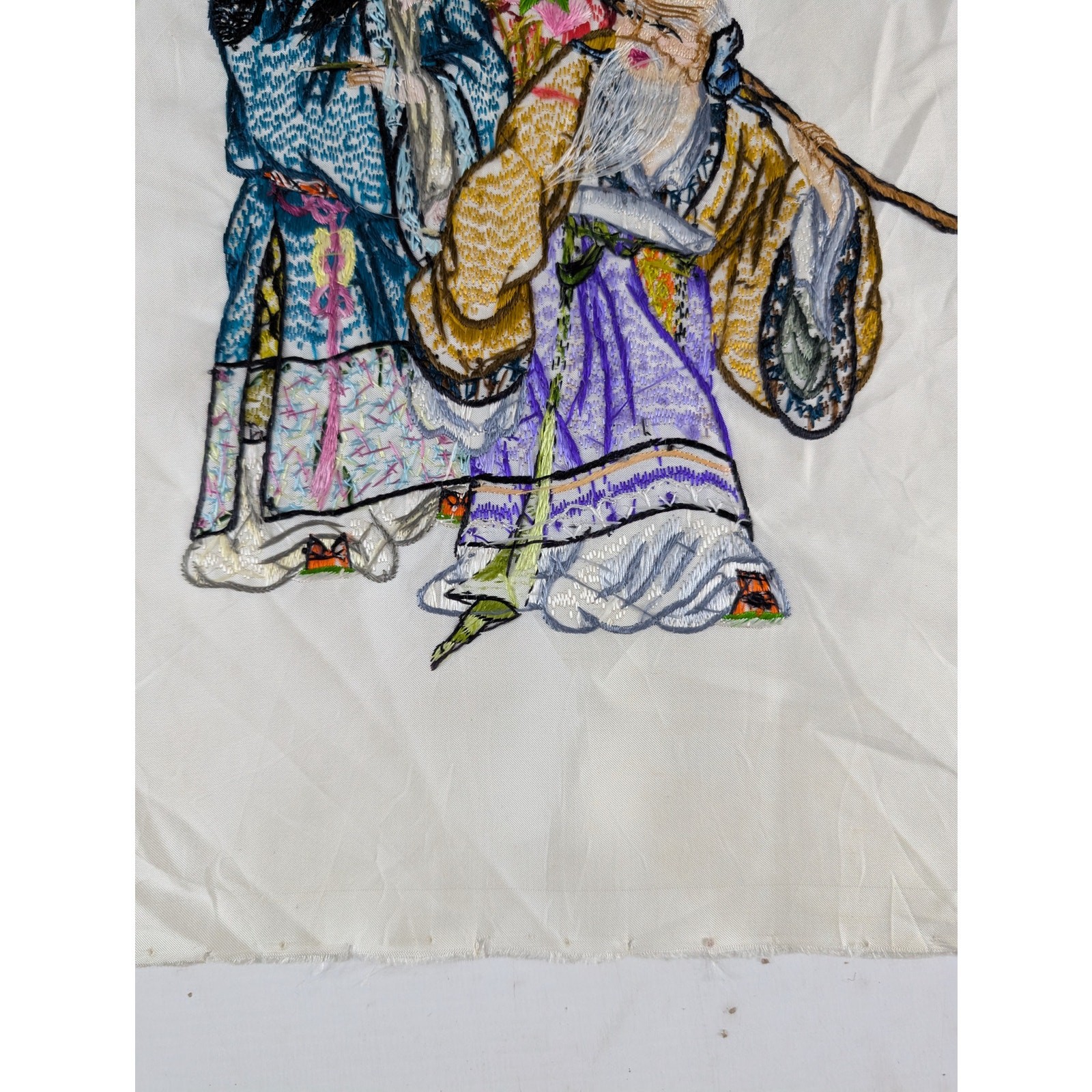 Vintage Chinese Hand Embroidered Three Immortals Fu Lu Shou Tapestry 23x14in