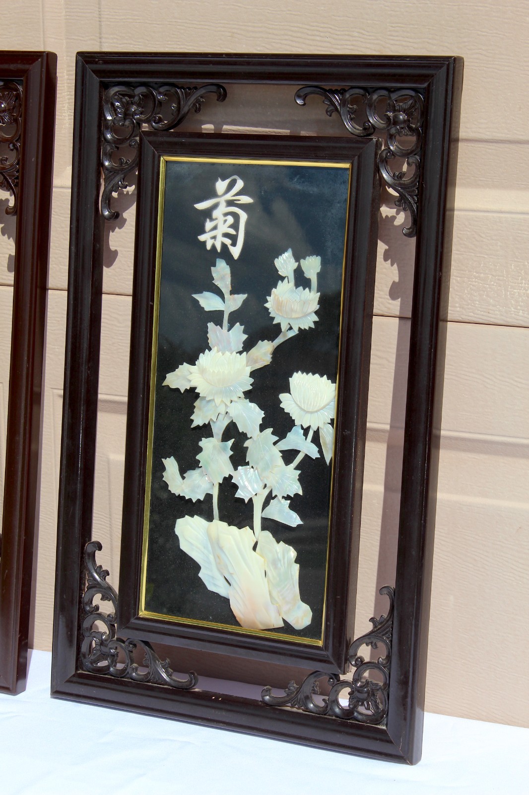 Vintage Chinese Mother-of-Pearl Inlay Chrysanthemum Wall Panels – Ornate Carved