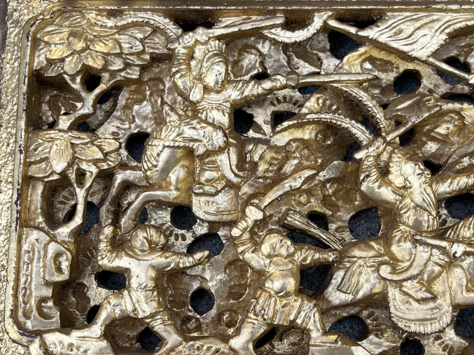 Antique Asian Chinese Gold Gilded Carved Warrior Wood Panel
