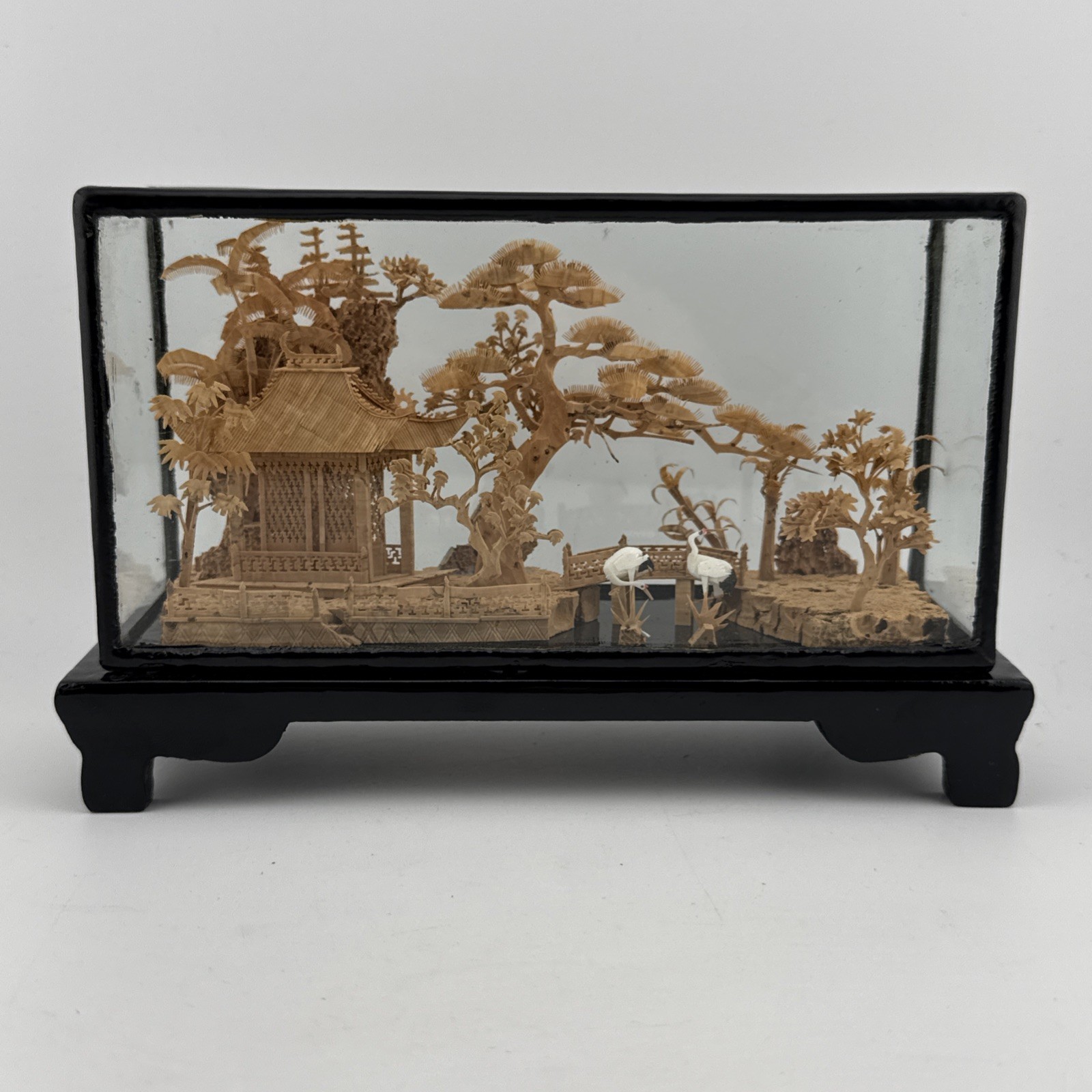 Vintage Chinese Hand Carved Cork Diorama with birds Framed Glass Wood