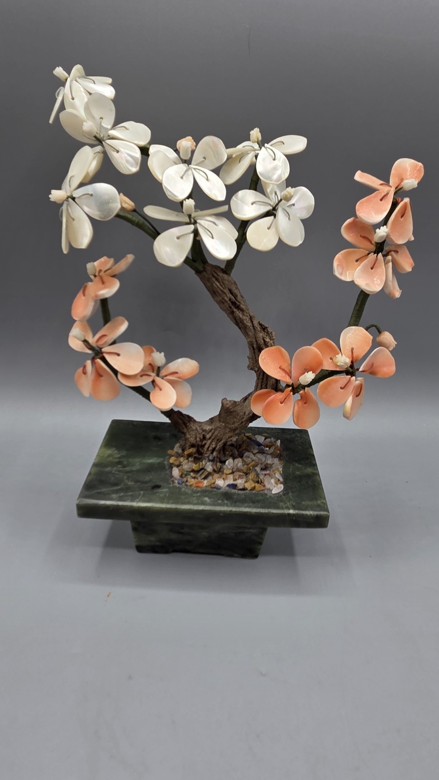 Small Bonsai Tree with Carnelian and Mother of Pearl Flowers, Jade? Base 8.5″ H