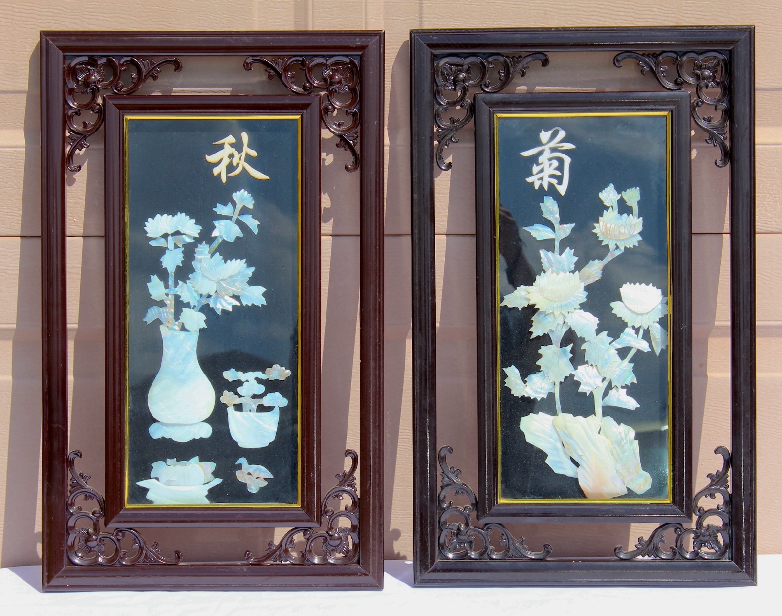 Vintage Chinese Mother-of-Pearl Inlay Chrysanthemum Wall Panels – Ornate Carved