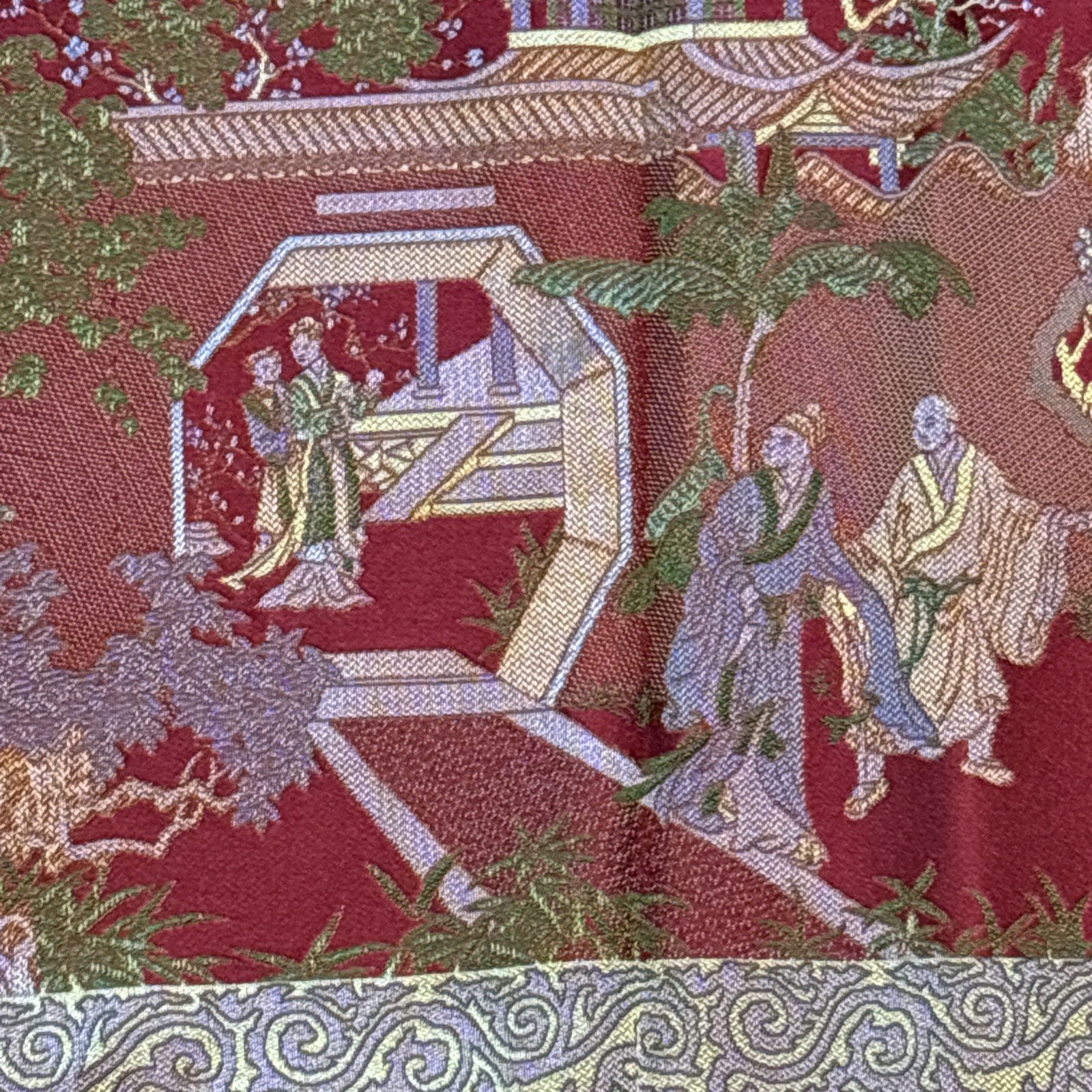 Vintage Chinese Silk Brocade Tablecloth fringe Tapestry Embroidery 38” x 37”
