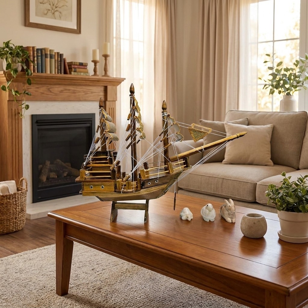 Golden Teak Chinese Junk Ship Model for Prosperity and Fortune
