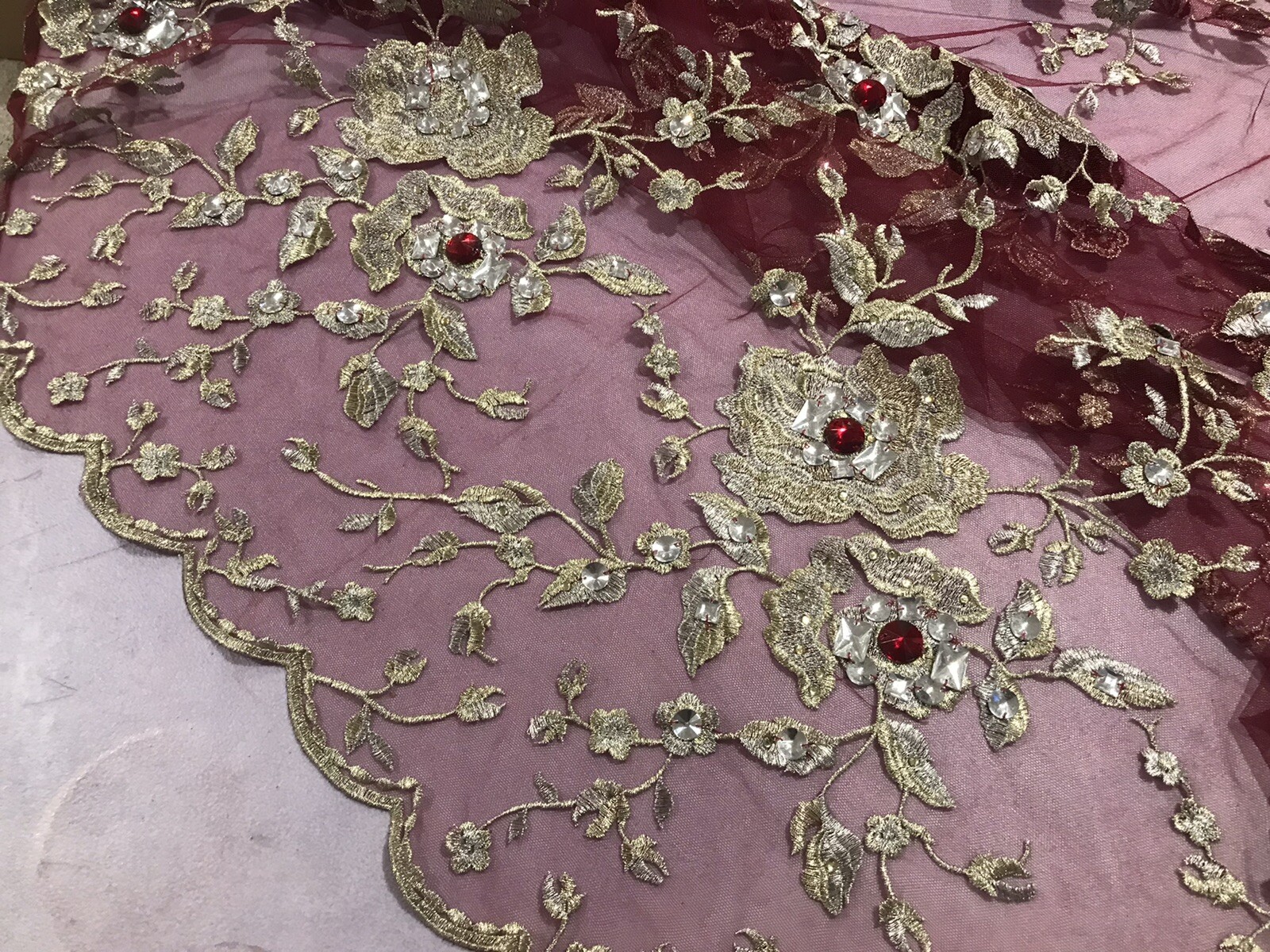 Burgundy Gold Embroidery Rhinestone Beads Bridal Lace Fabric 50” Width 1 Yard