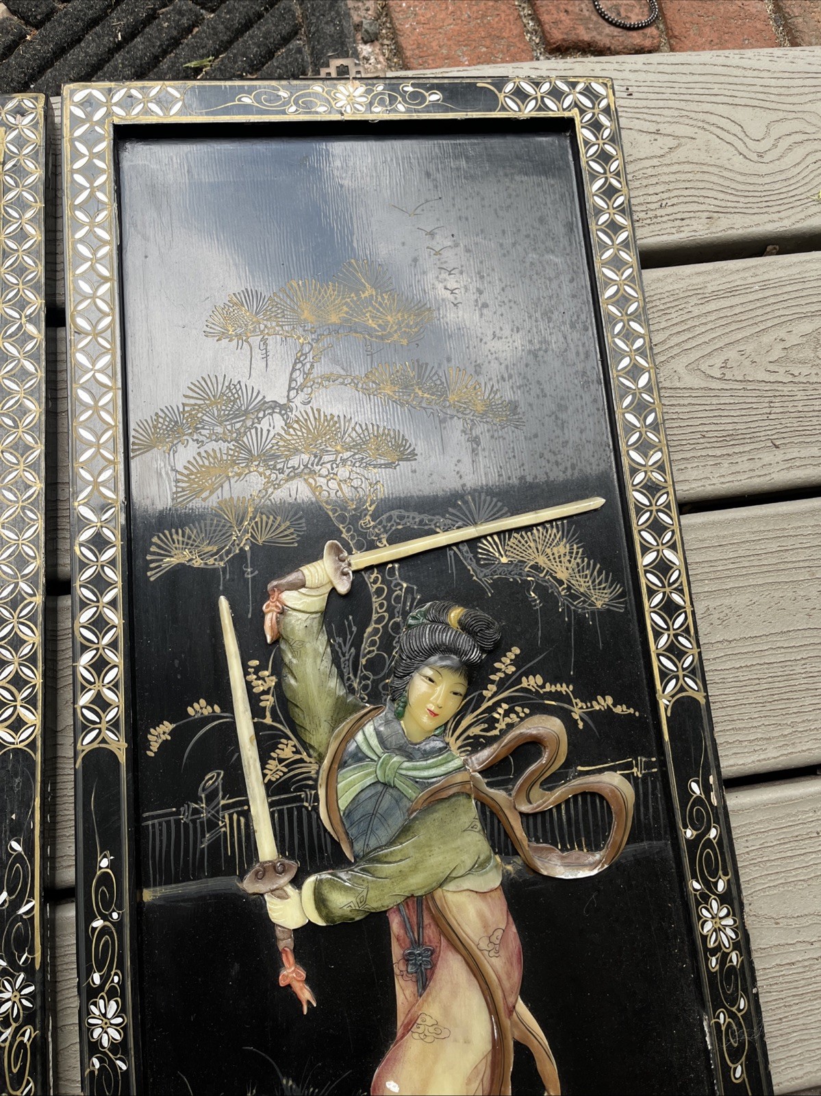 Vintage 2pc Black Lacquer Japanese Mother Of Pearl Wall Art Panel 36” H 12” W