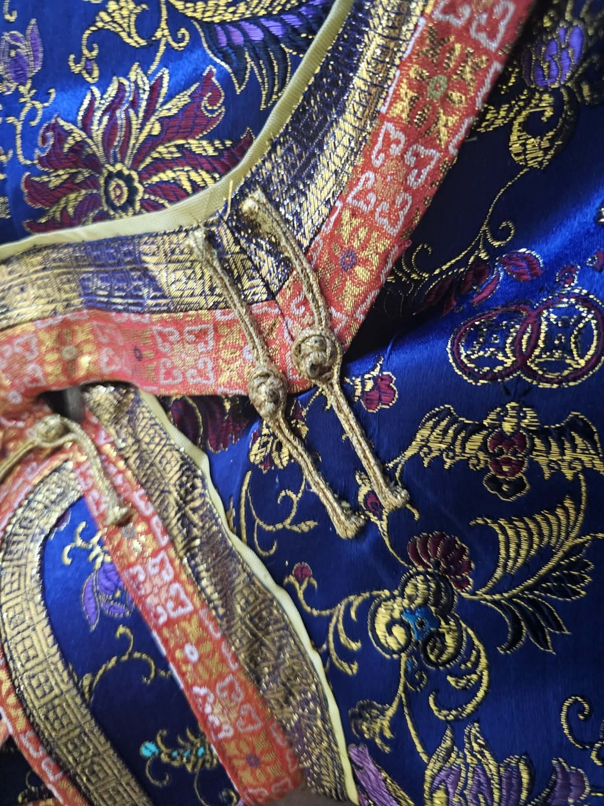 Chinese Qing Dynasty? Embroidered Silk Floral Robe Metallic Trim Reproduction?