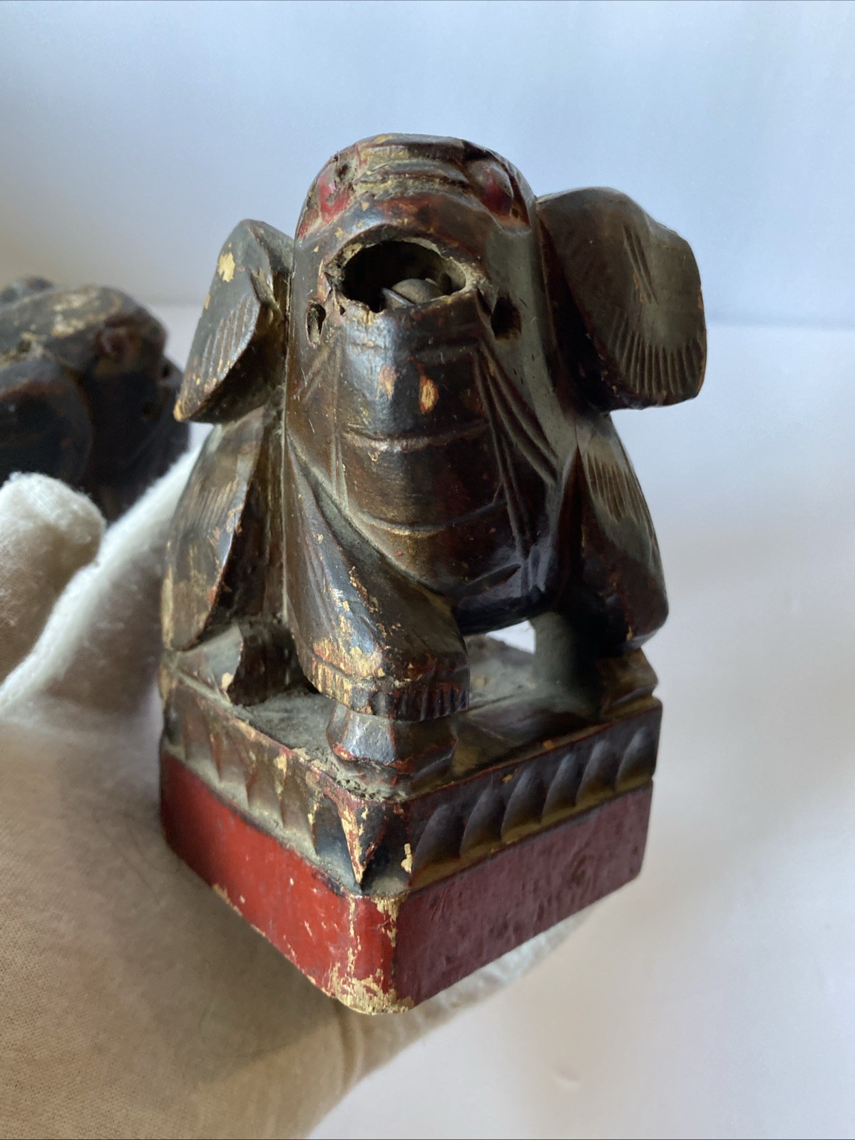 Pair Antique Chinese Hand Carved Wood Foo Dog Creature Statue Rattle