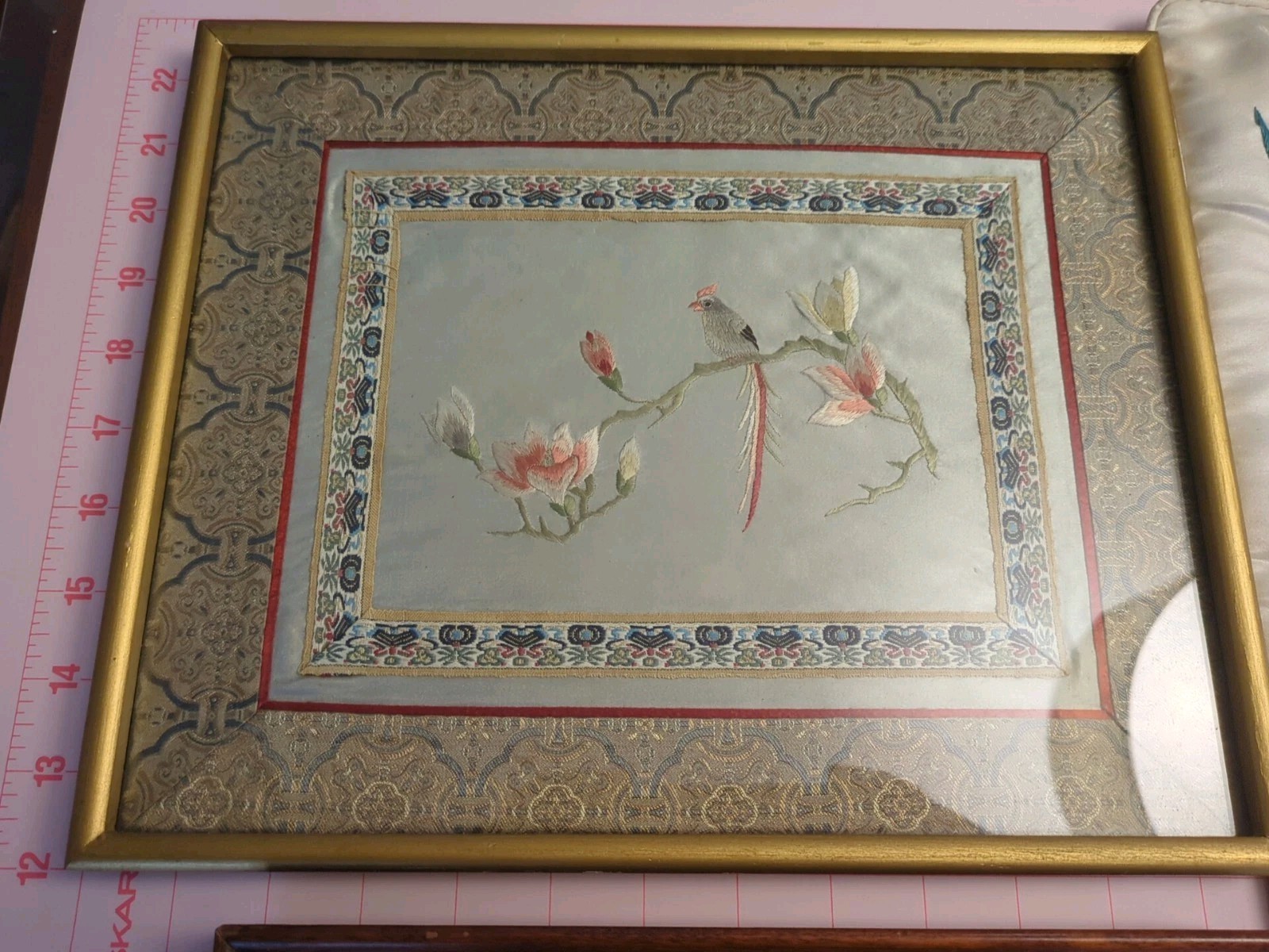 Antique Tray, Silk & Gold Thread Dragon, Framed Silk Panel