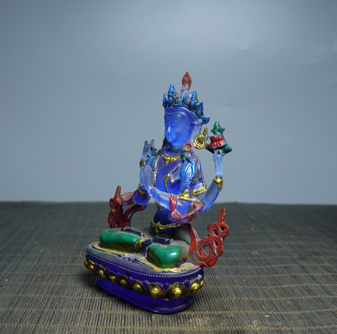 5.1″ Collect China Coloured Glaze Painted Four Arms Guanyin Kwan-yin Statue