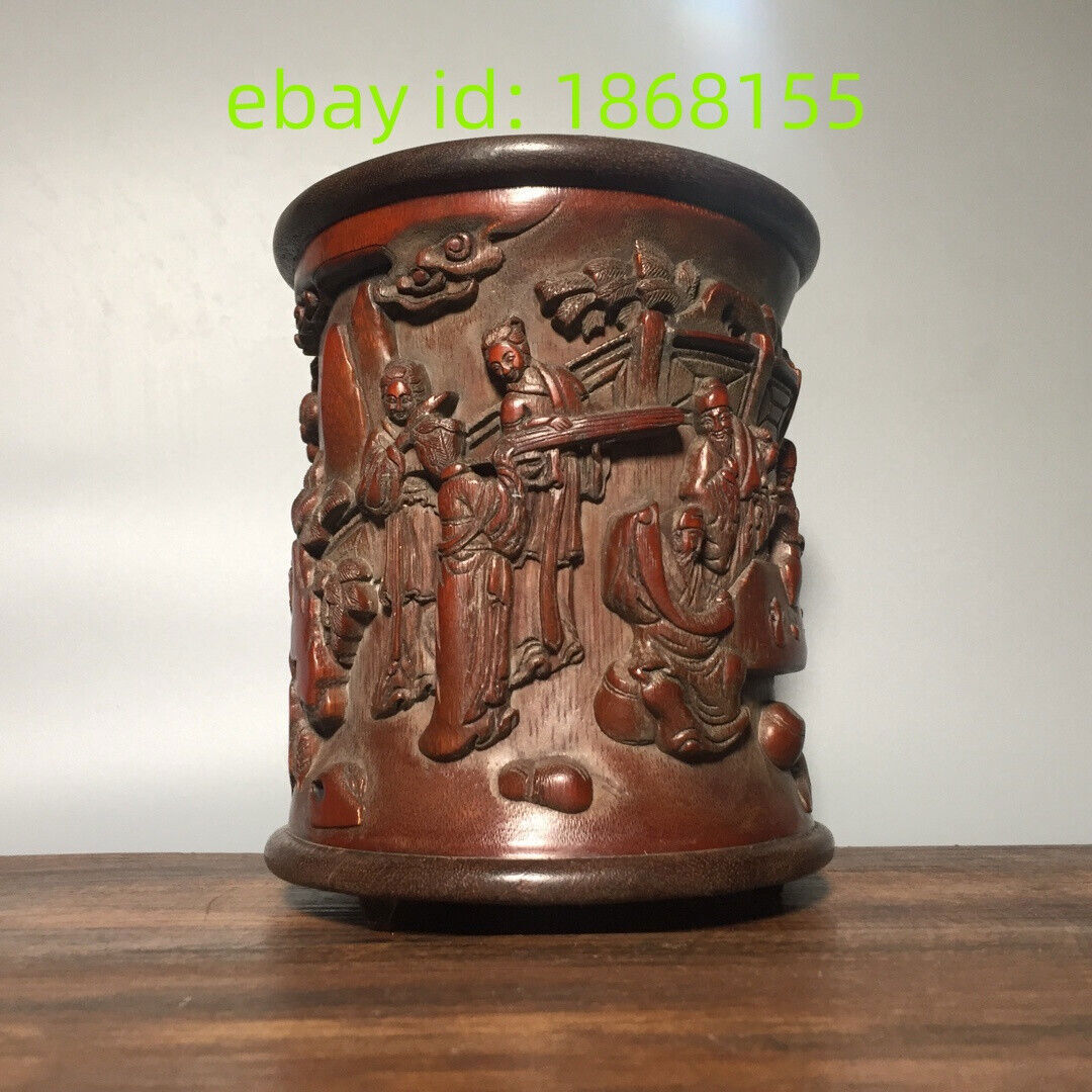 6.5″ old Hand-carved four virtues of refined people statue bamboo Pen Brush pot