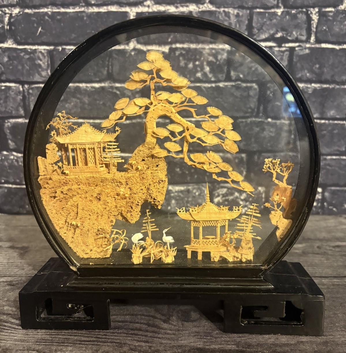 VINTAGE ROUND CHINESE CORK ART HAND CARVED DIORAMA PAGODA CRANES TREES CLIFF 9″