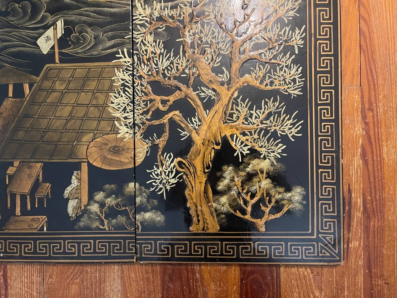 Vintage Chinese Hand Painted Lacquer Wall Panels Set of 4 Landscape Art – 4