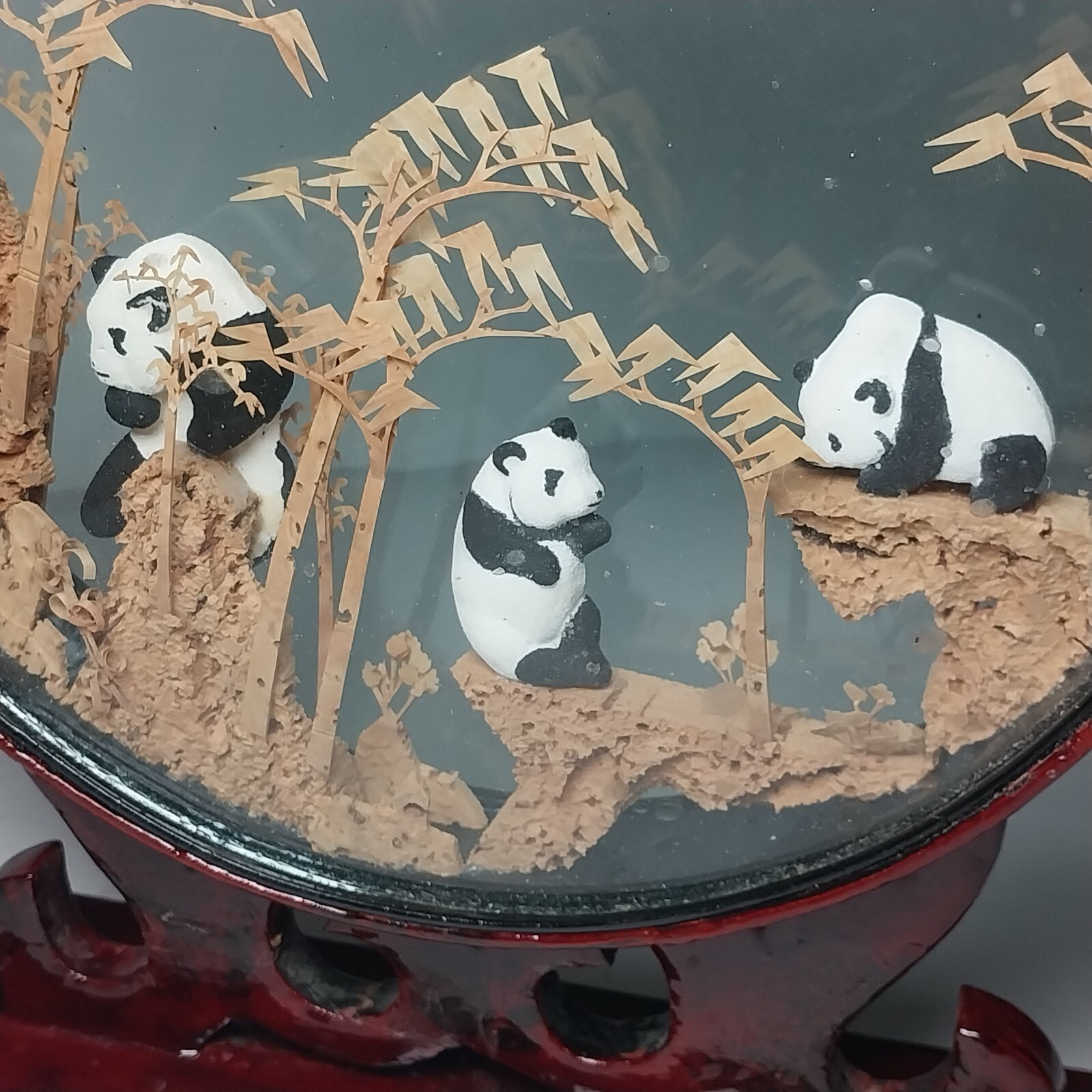 Antique Asian Carved Cork Framed Glass Diorama w/ Panda Bear Figures on Stand