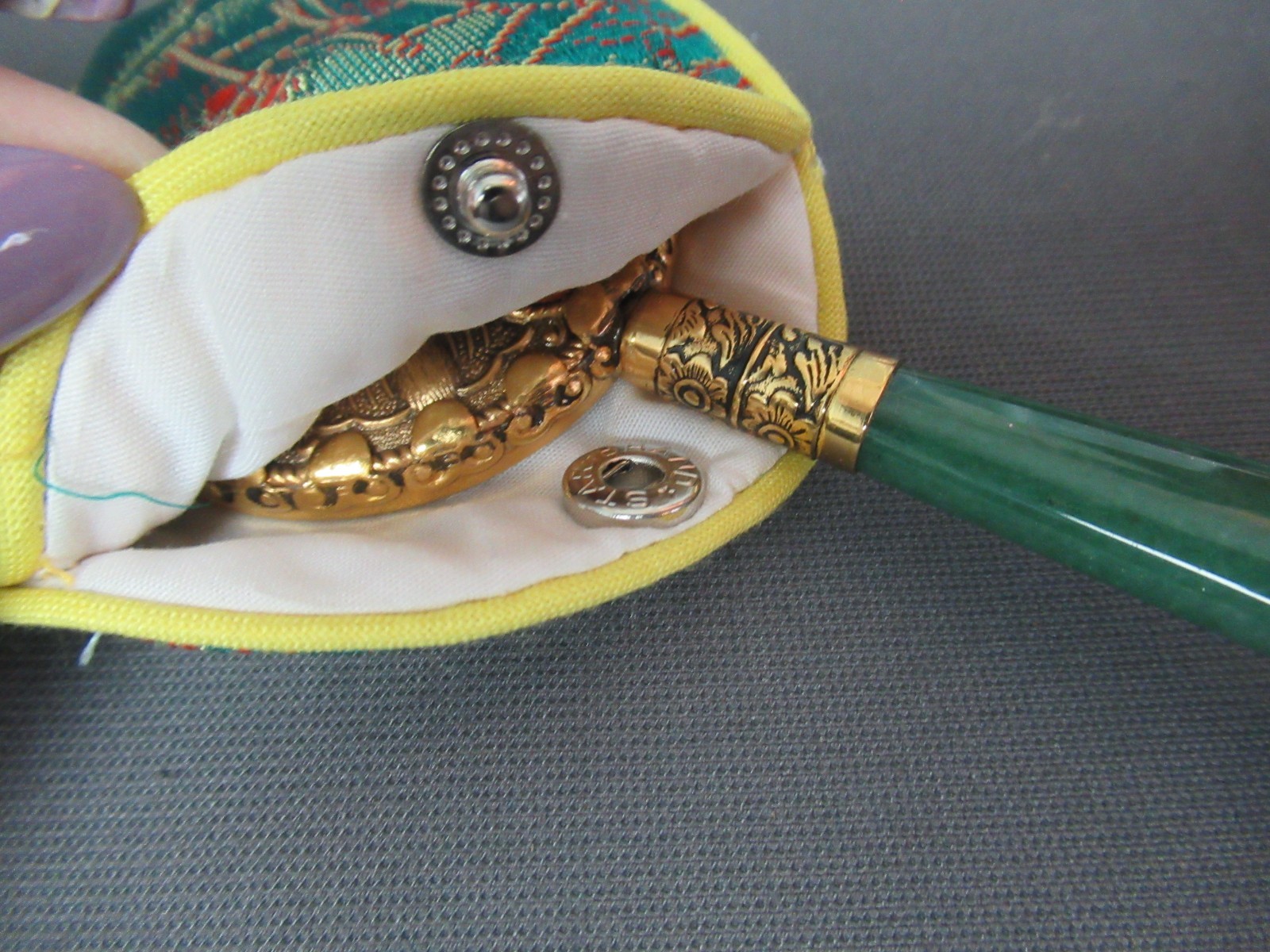 Vintage Chinese Small Hand Mirror Jade Handle Gold Tone Gemstones w/ Cover g6 bz