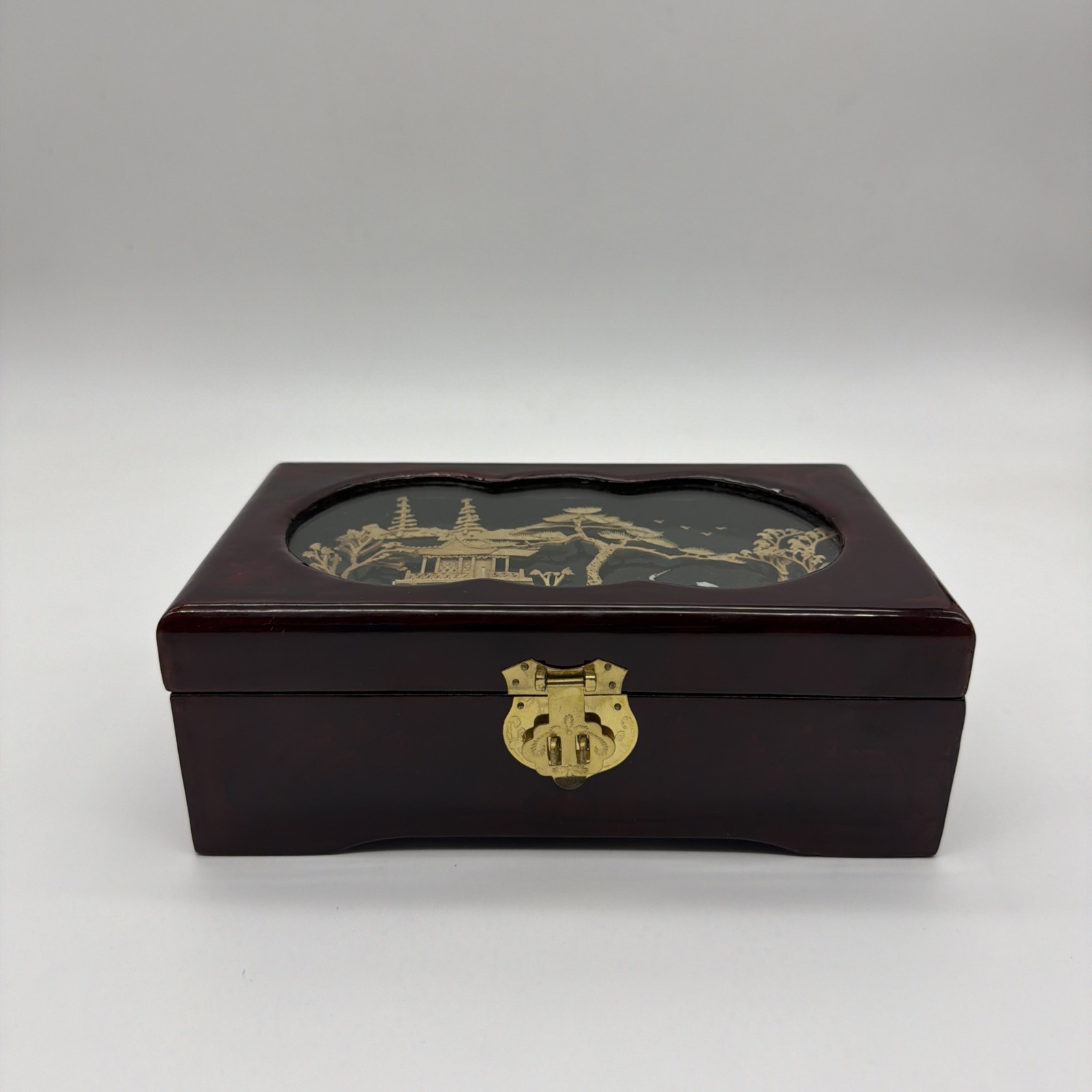 San You Asian Jewelry Wood Box Diorama Cork Art Pagoda Scene Brass
