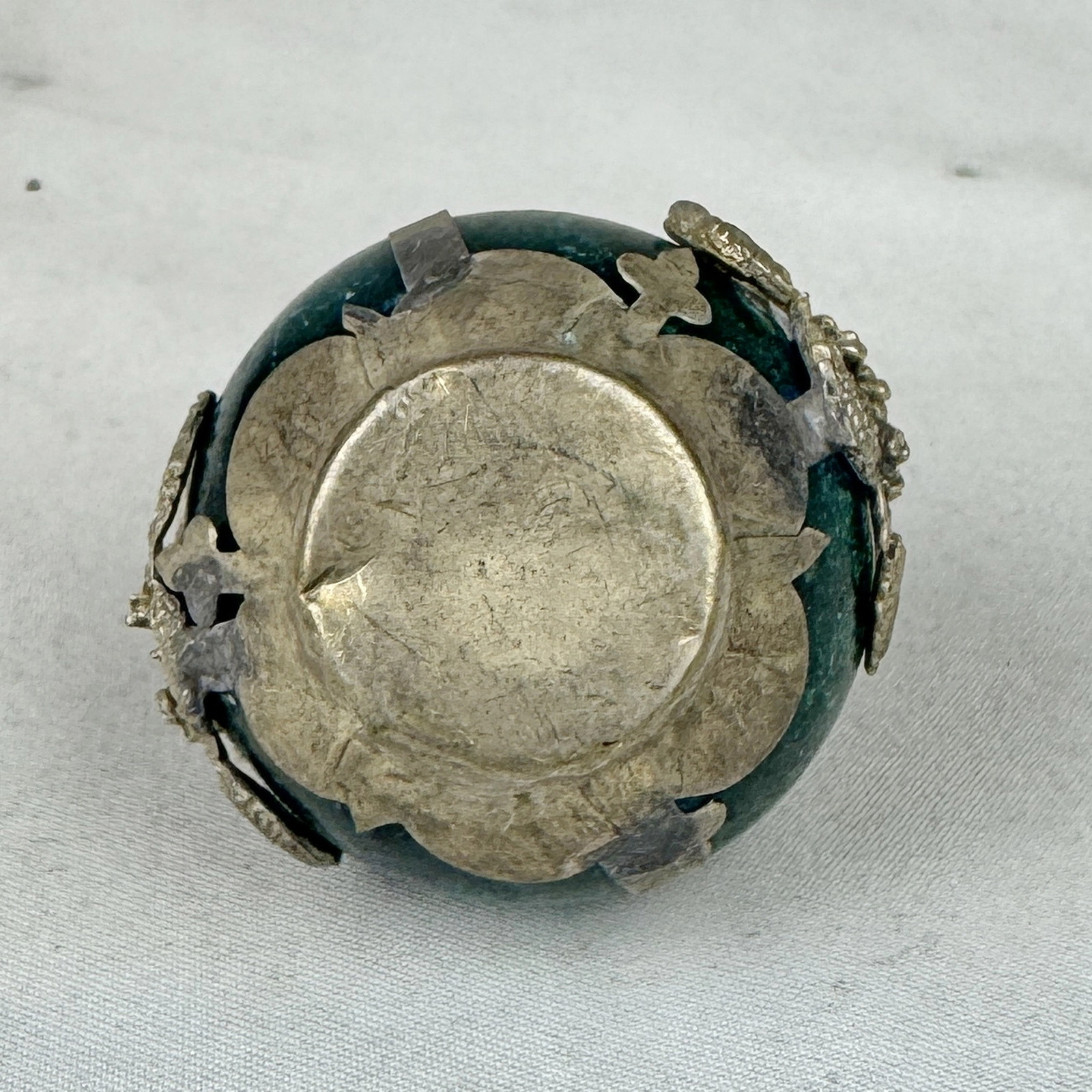 Vintage Chinese Zodiac HORSE Green Marble Orb, Pewter/Tin Finial, Dragon Motif