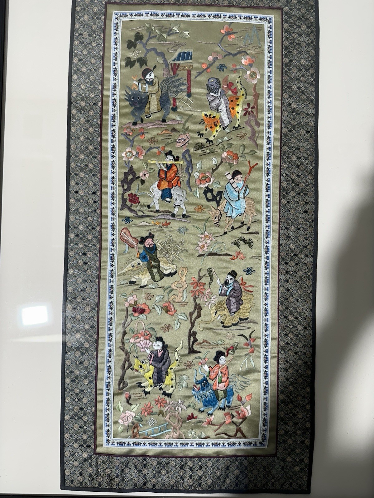 Chinese hand embroidered silk Art Piece Framed. The Actual Piece 27 X 13”