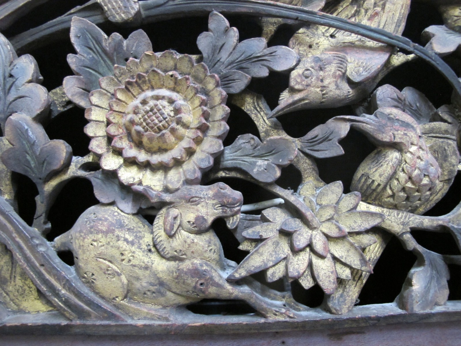 CHINESE Carved Pierced Gilt Wood GOAT Animal Flower & BIRD Art Wall Panel