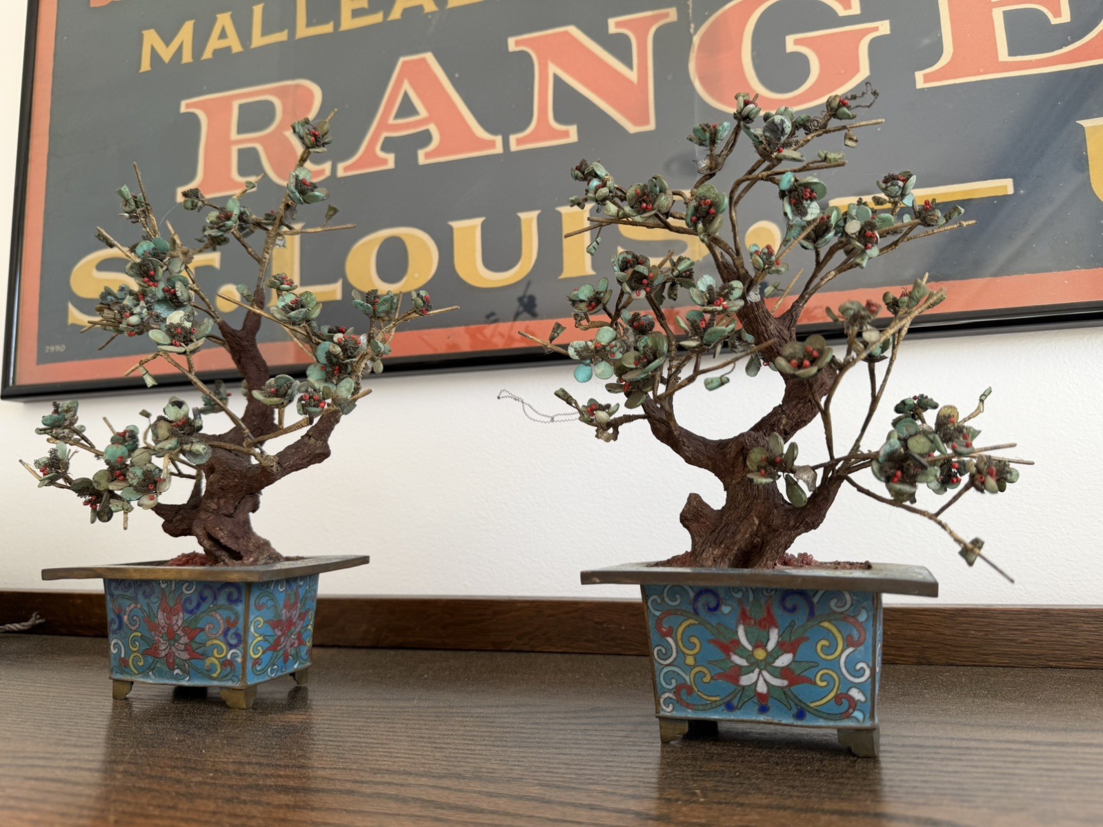Vintage Pair of Chinese Hardstone Flower Bonsai Trees in Cloisonne Enamel Pots