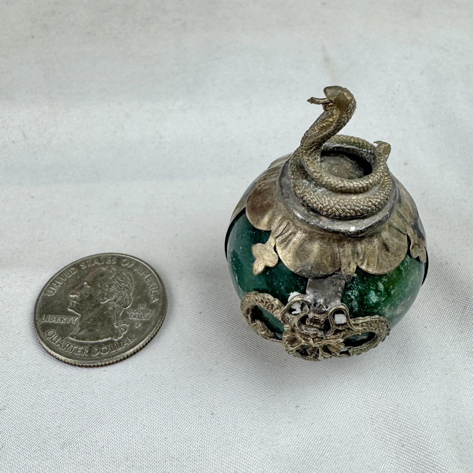 Vintage Chinese Zodiac SNAKE Green Marble Orb, Pewter/Tin Finial, Dragon Motif