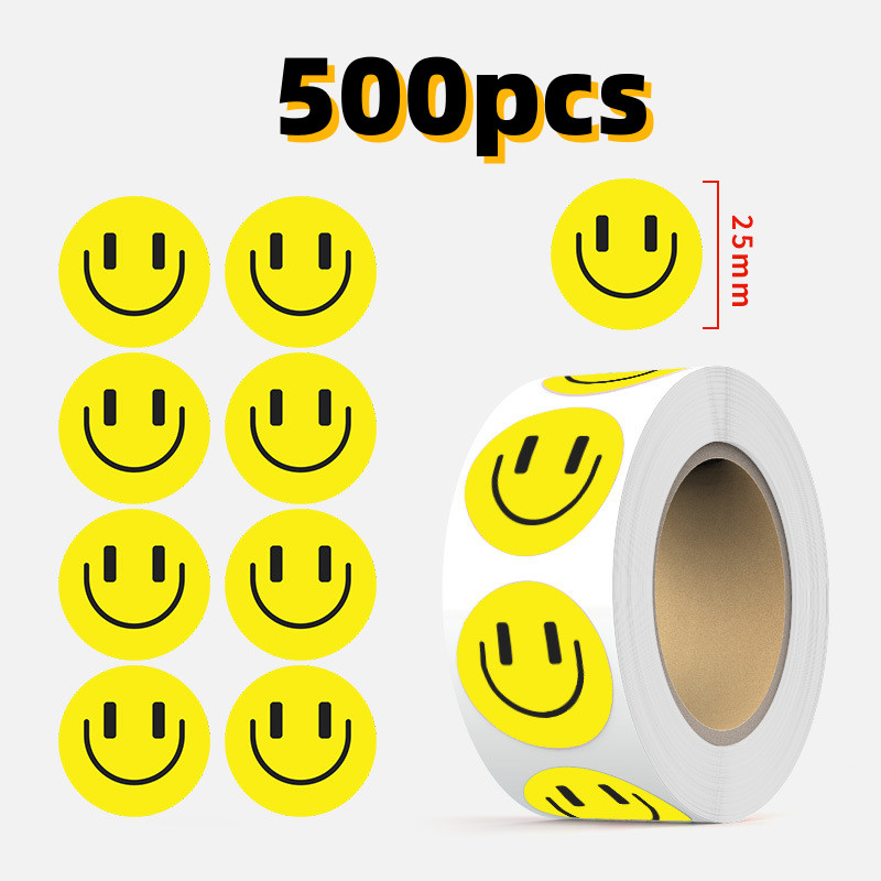 500 pcs Sticker Roll Yellow Tradition Happy Smile Face Semi Gloss Self Adhesive