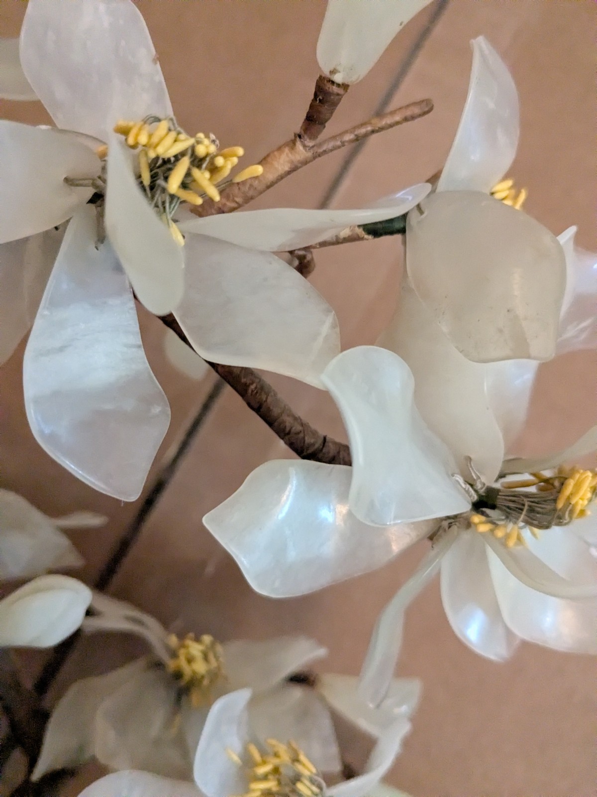 Vintage Chinese Asian Jade?Bonsai Tree White Blossom Cloisonne Floral Pot Stone