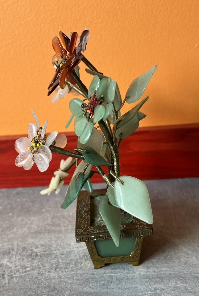 Vintage Chinese Jade Amethyst Carnelian Quartz Flowers Tree Brass Pot Marked