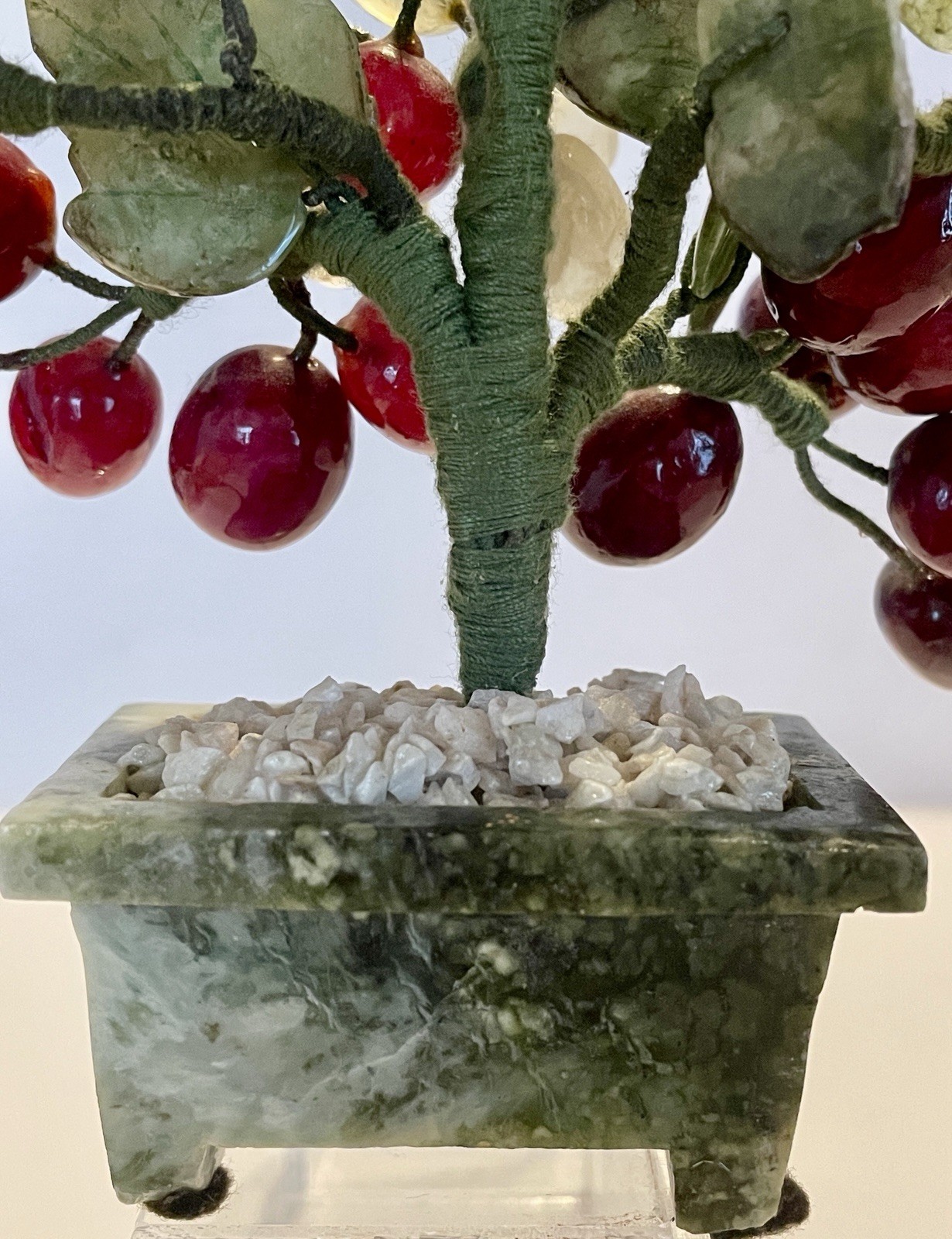 VINTAGE ORIENTAL JADE BONSAI GRAPEVINE TREE ART CARVED STONE MARBLE PLANTER