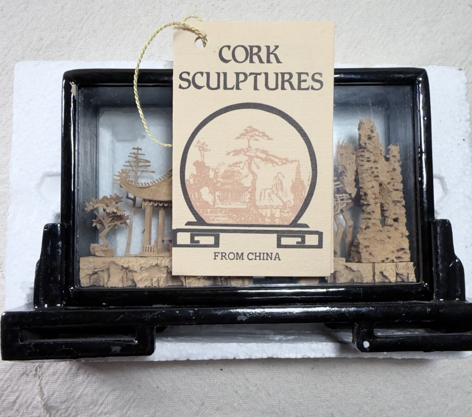 Vintage Chinese Cork Sculpture Diorama Pavilion Scene Black Lacquer Frame w/ Box