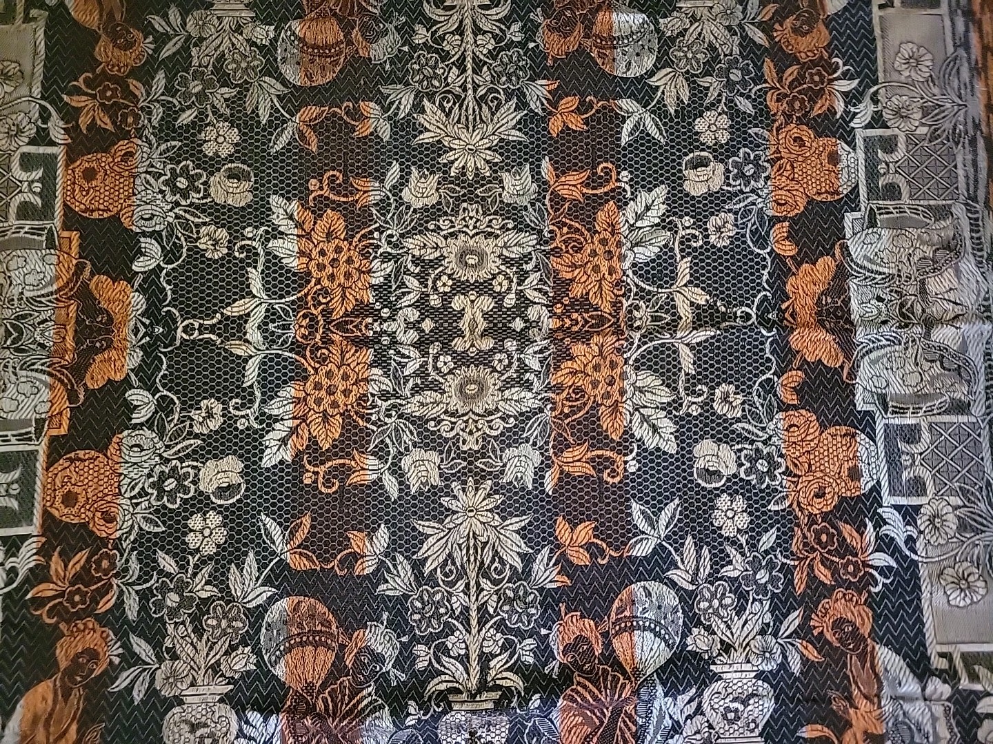 Vintage Asian Brocade Floral Silk Tapestry Bedcover Fringe Double Sided
