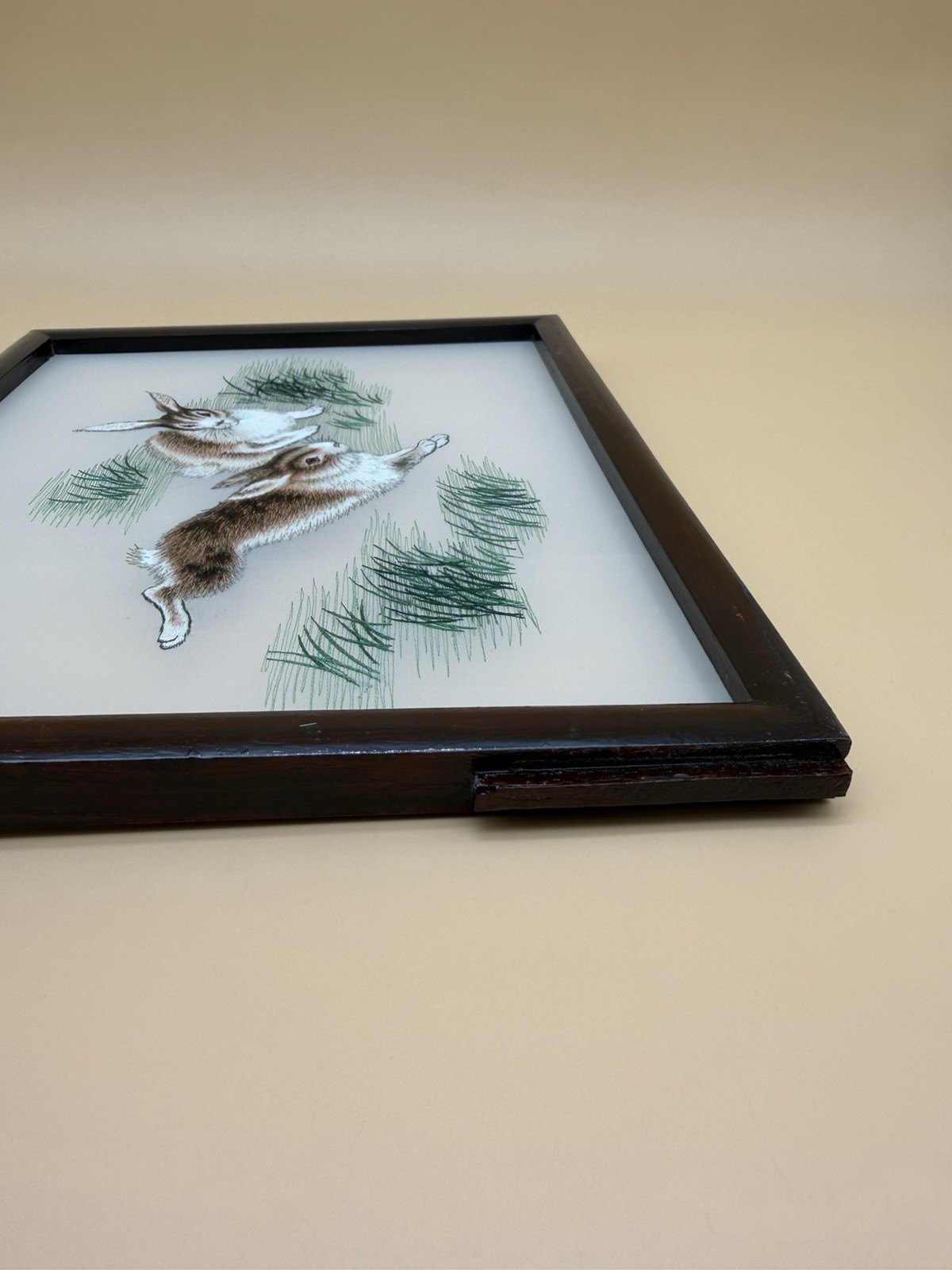 Early 1980s Chinese Double-Sided Silk Embroidery Spring Hares Framed Art