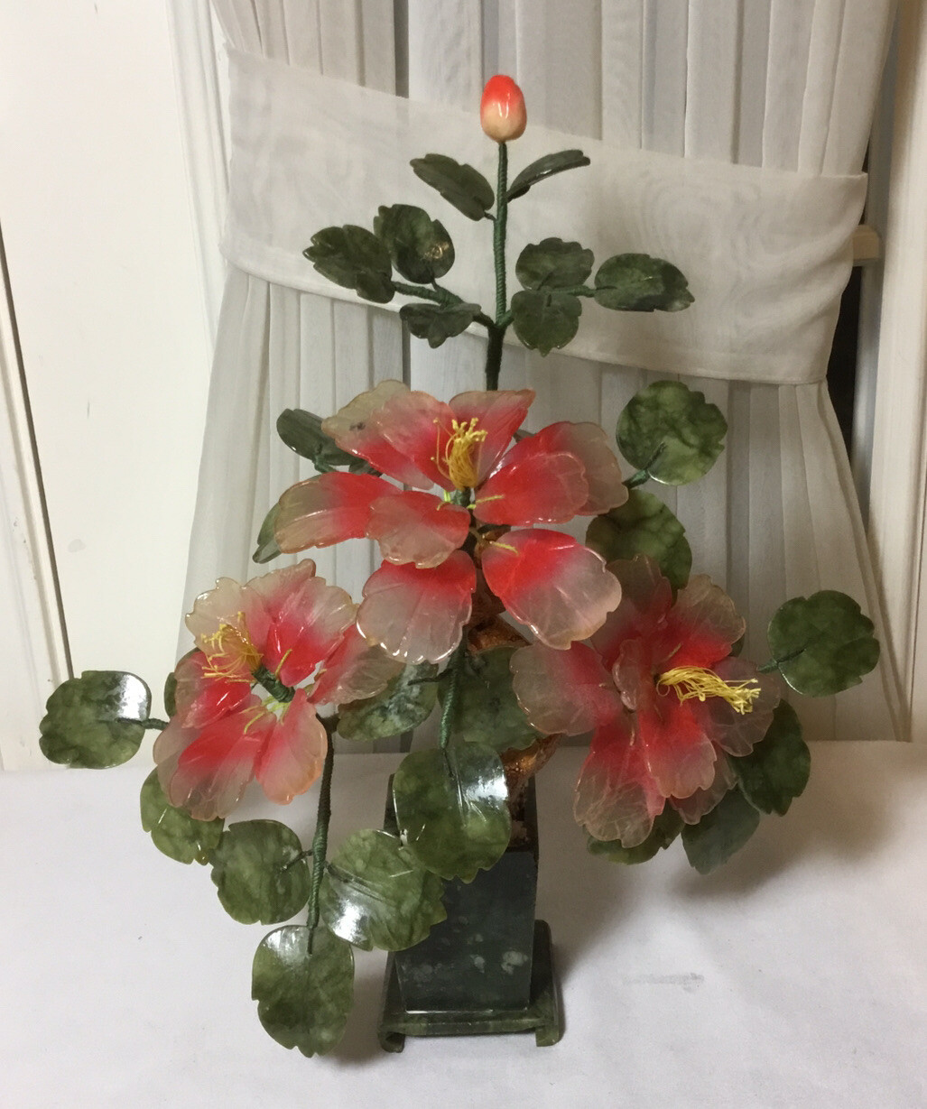 Vintage Chinese Hand Carved Jade Pink Flowering Bonsai Tree Plant14.5”H x 14”W
