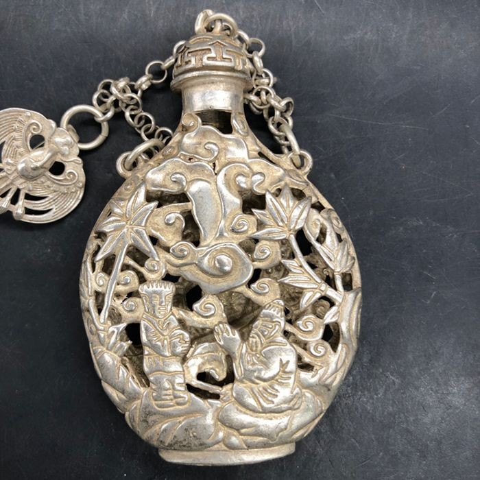 Vintage Chinese Silver Plated Copper Openwork Incense Sachet Pendant Qing Style