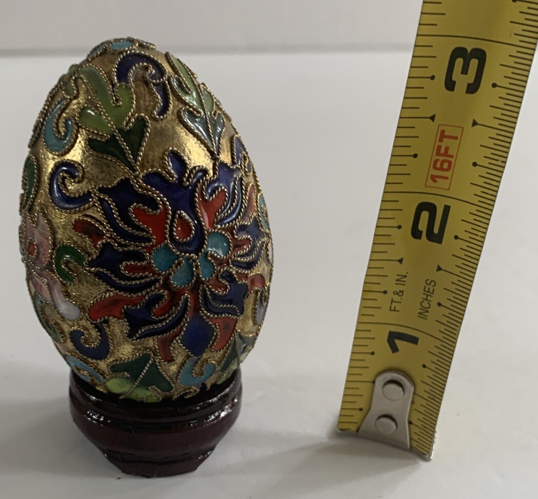 Chinese Enamel Egg Cloisonne Gold Metal Mix Color Floral Wood Stand Easter Decor
