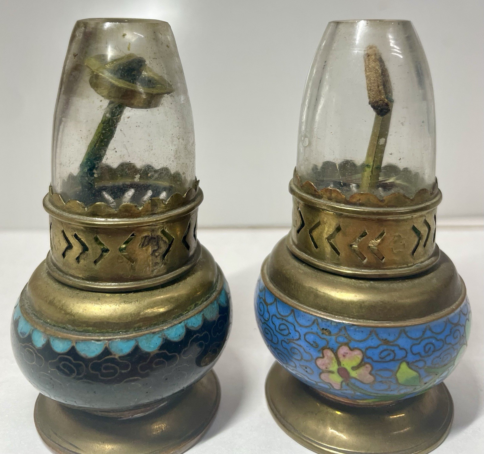 Vintage Cloisonne Enamel Mini Oil Lamp Pair Hong Kong Brass Glass Chimneys